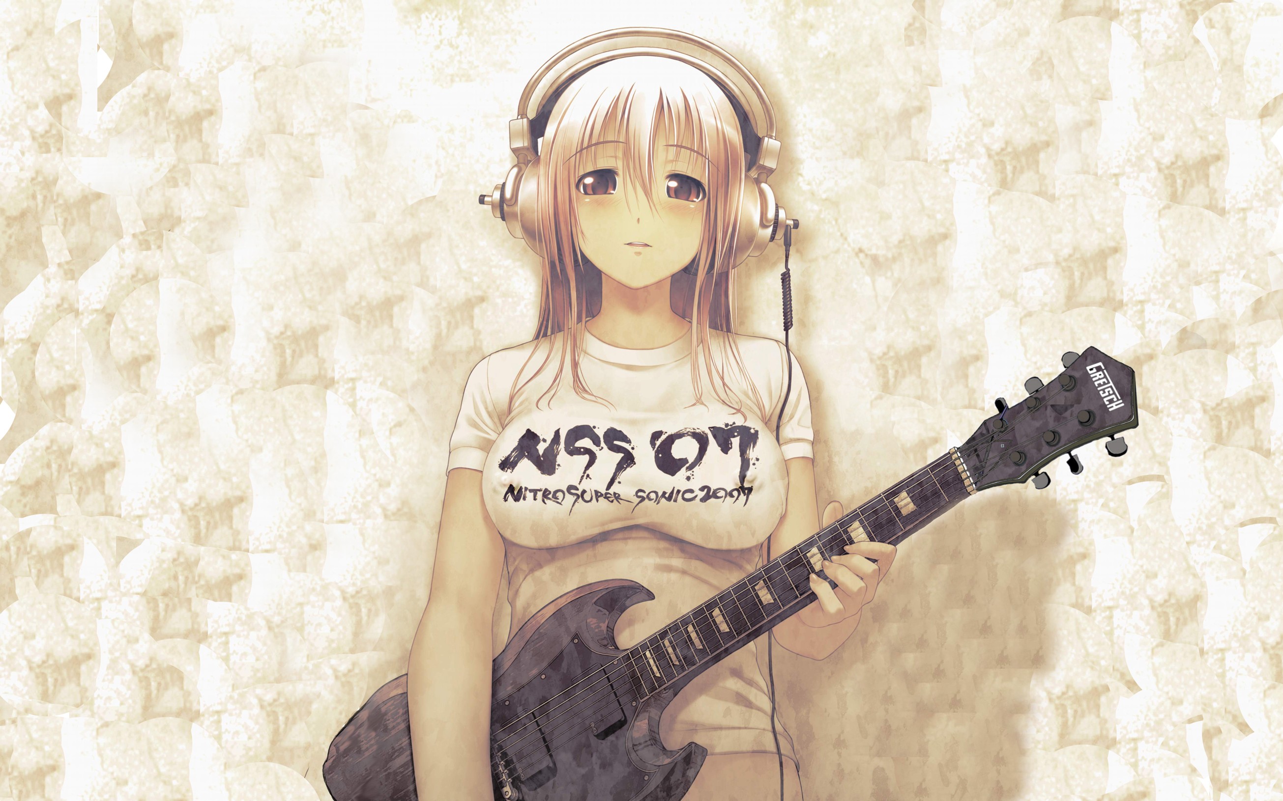 Anime 2610x1631 anime anime girls Super Sonico headphones music guitar big boobs musical instrument