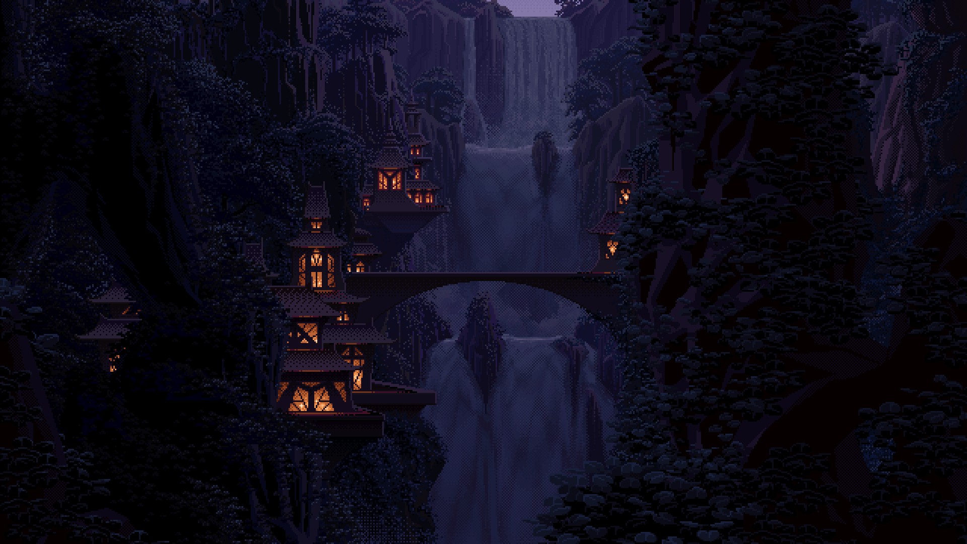 General 1920x1080 dark valley pixel art waterfall fantasy art digital art bridge purple pixels pixelated artwork lights