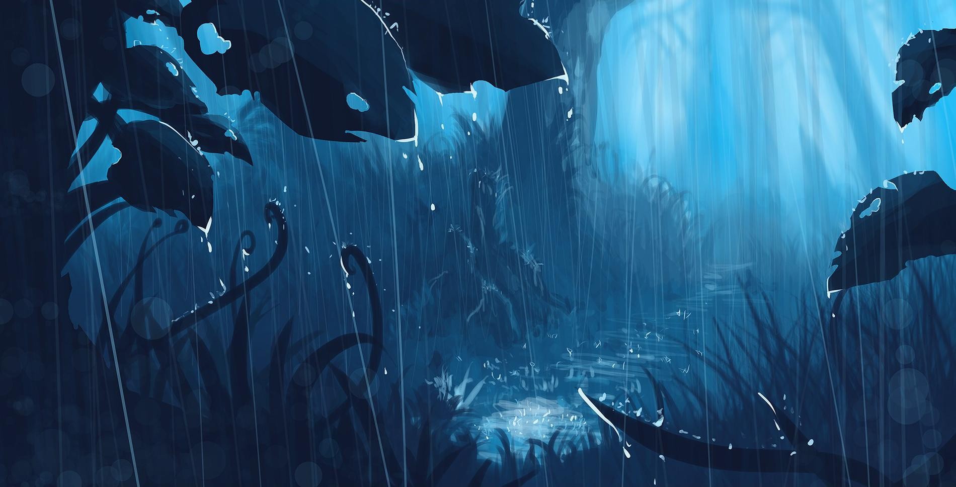 Anime 1900x968 anime scenery fantasy art rain artwork cyan blue forest