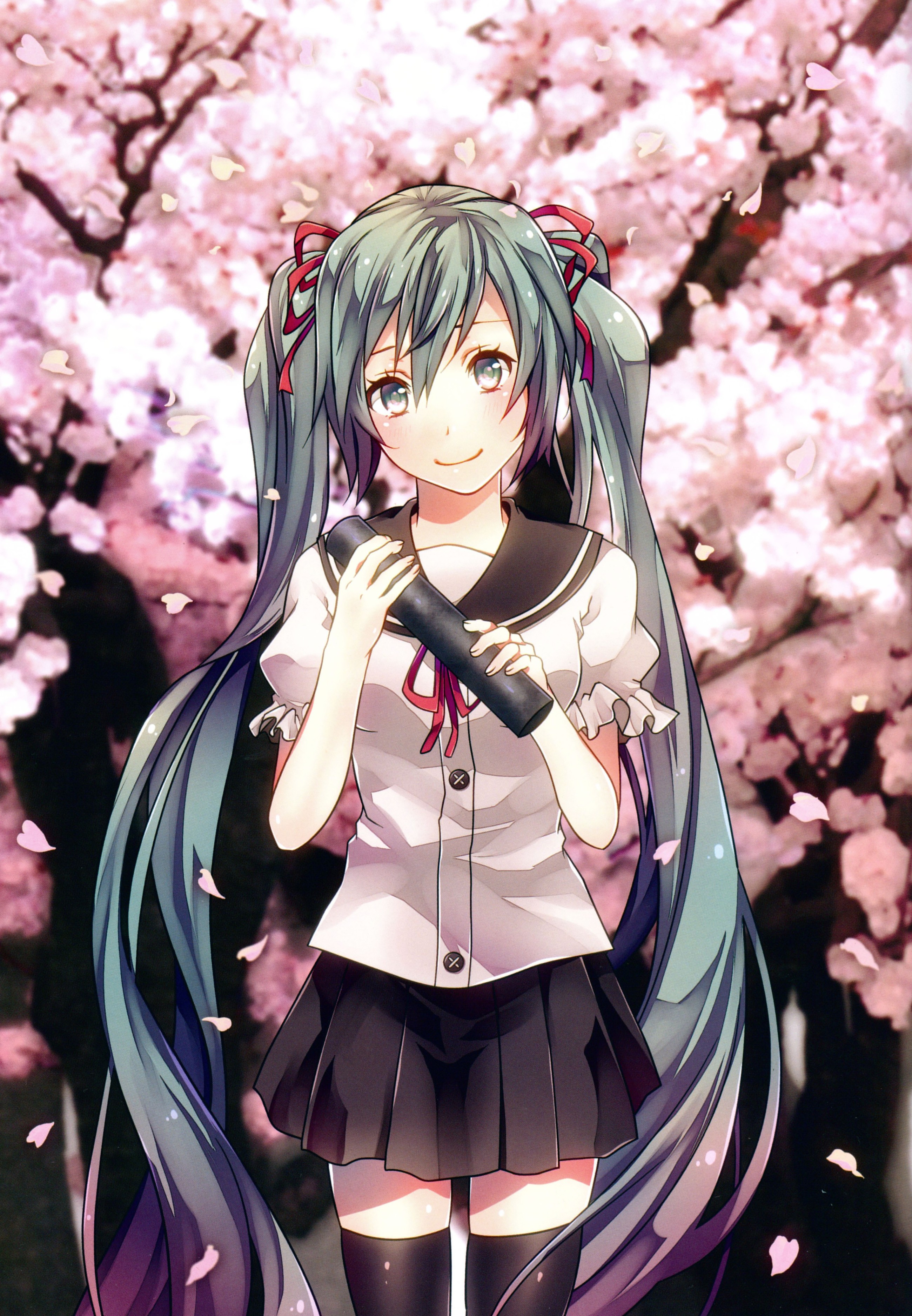 Anime 2600x3751 Vocaloid Hatsune Miku long hair ribbon cherry trees petals twintails uniform skirt thigh-highs anime girls anime smiling