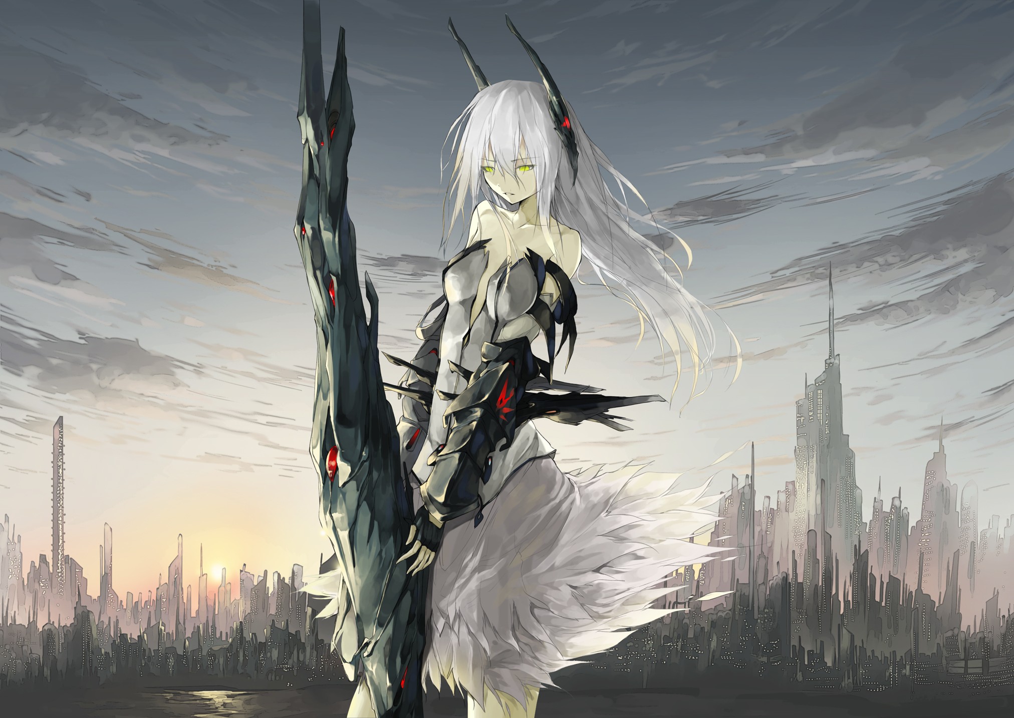 Anime 2024x1433 original characters science fiction anime girls anime white hair green eyes yellow eyes standing cityscape