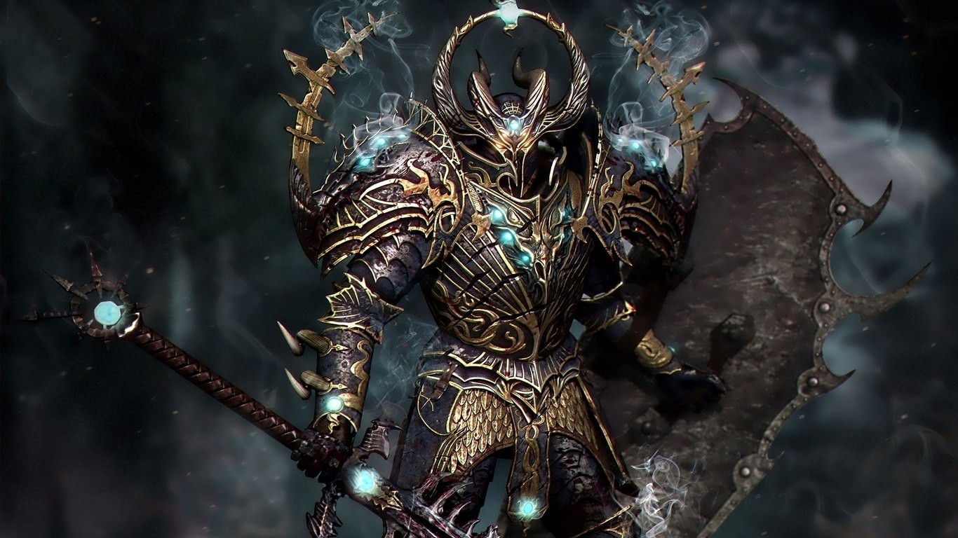 General 1366x768 warrior fantasy art artwork fantasy armor armor glowing eyes weapon shield
