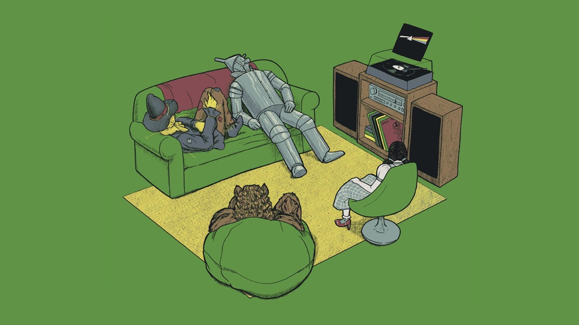 General 1920x1080 The Wizard of Oz artwork humor green background Pink Floyd sound system vinyl green couch green couch Tin Man Scarecrow (character) rug Dorothy Gale movie characters The Dark Side of the Moon turntables record players