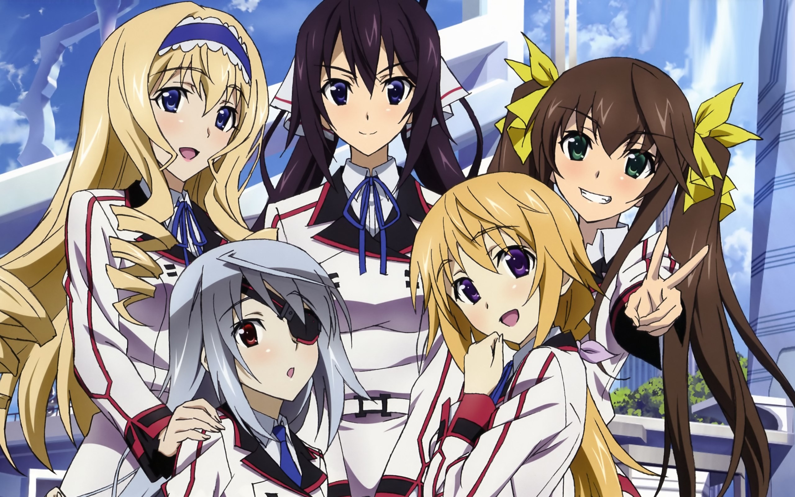 Anime 2560x1600 manga Infinite Stratos Alcot Cecilia Bodewig Laura  Dunois Charlotte group of women anime anime girls blue eyes blonde brunette hand gesture purple eyes eyepatches red eyes tie looking at viewer