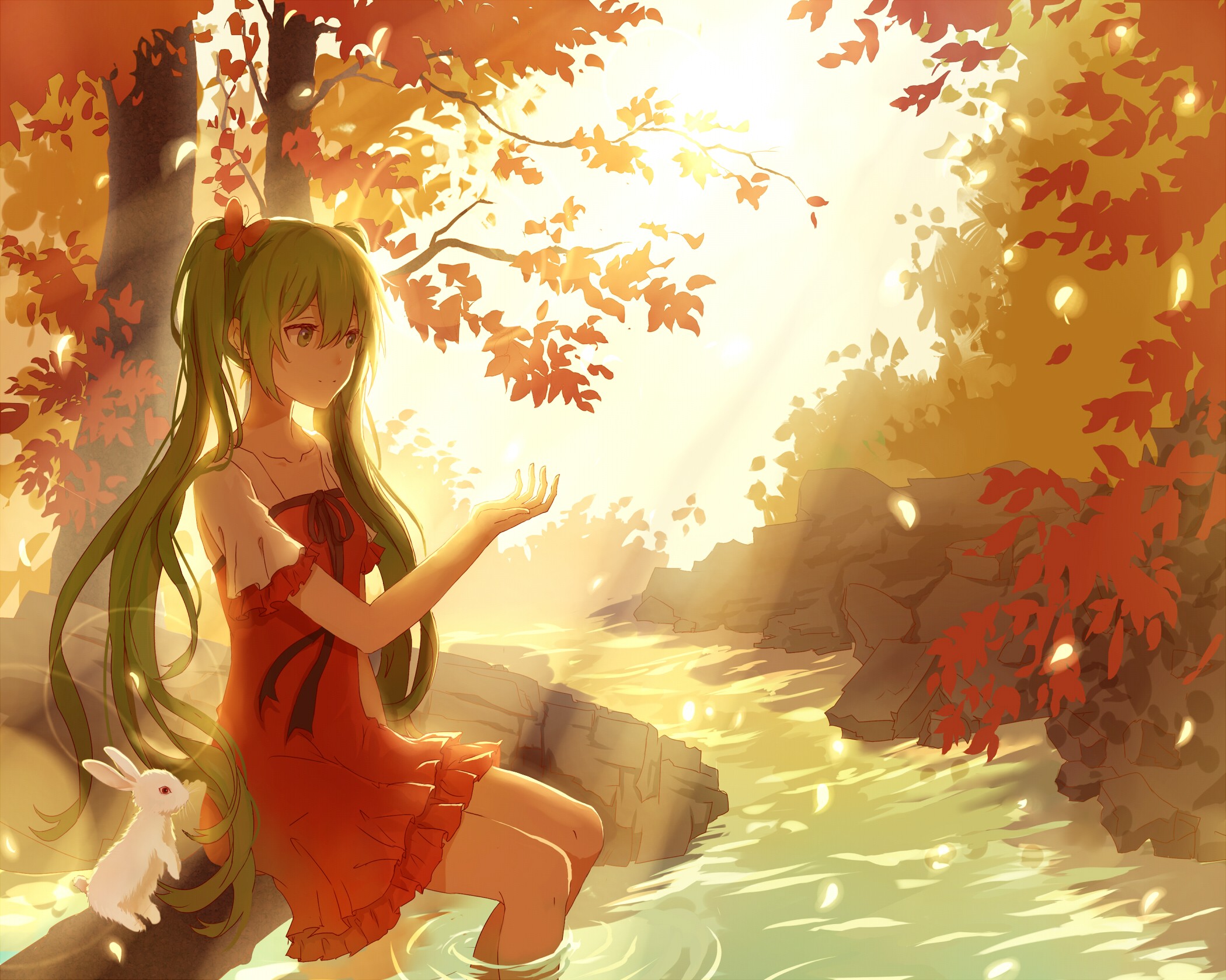 Anime 2100x1680 Vocaloid Hatsune Miku twintails ribbon forest petals anime girls anime rabbits animals mammals sunlight sitting red clothing long hair