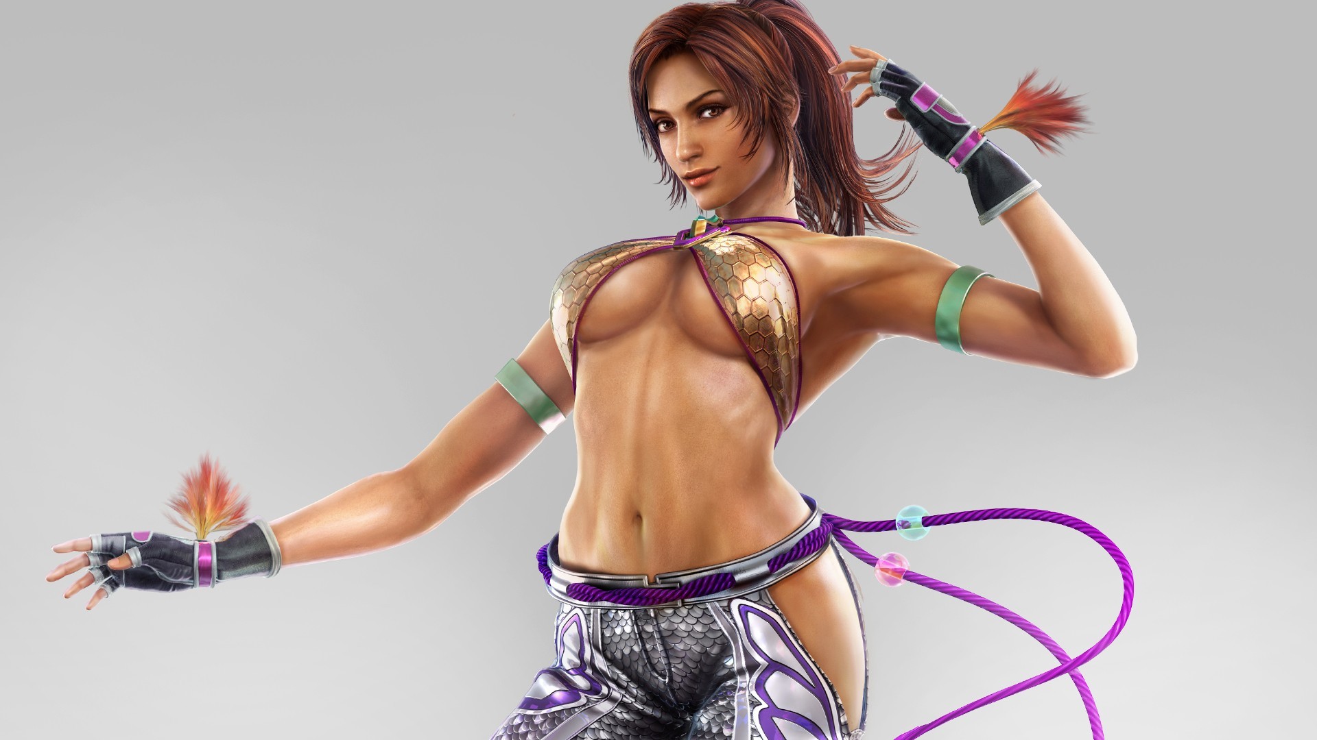 General 1920x1080 Tekken Christie Monteiro video game warriors boobs belly video games brunette simple background video game characters video game girls looking at viewer gray background