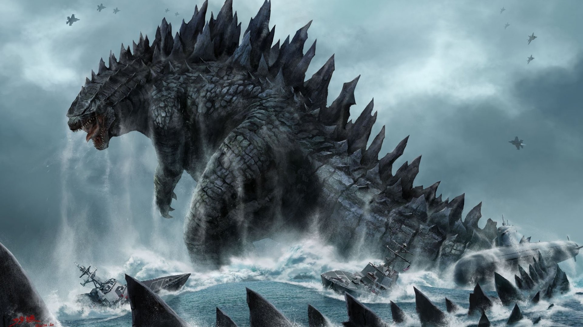 General 1920x1080 fantasy art digital art creature Godzilla boat water sea waves aircraft battle ship submarine clouds kaiju