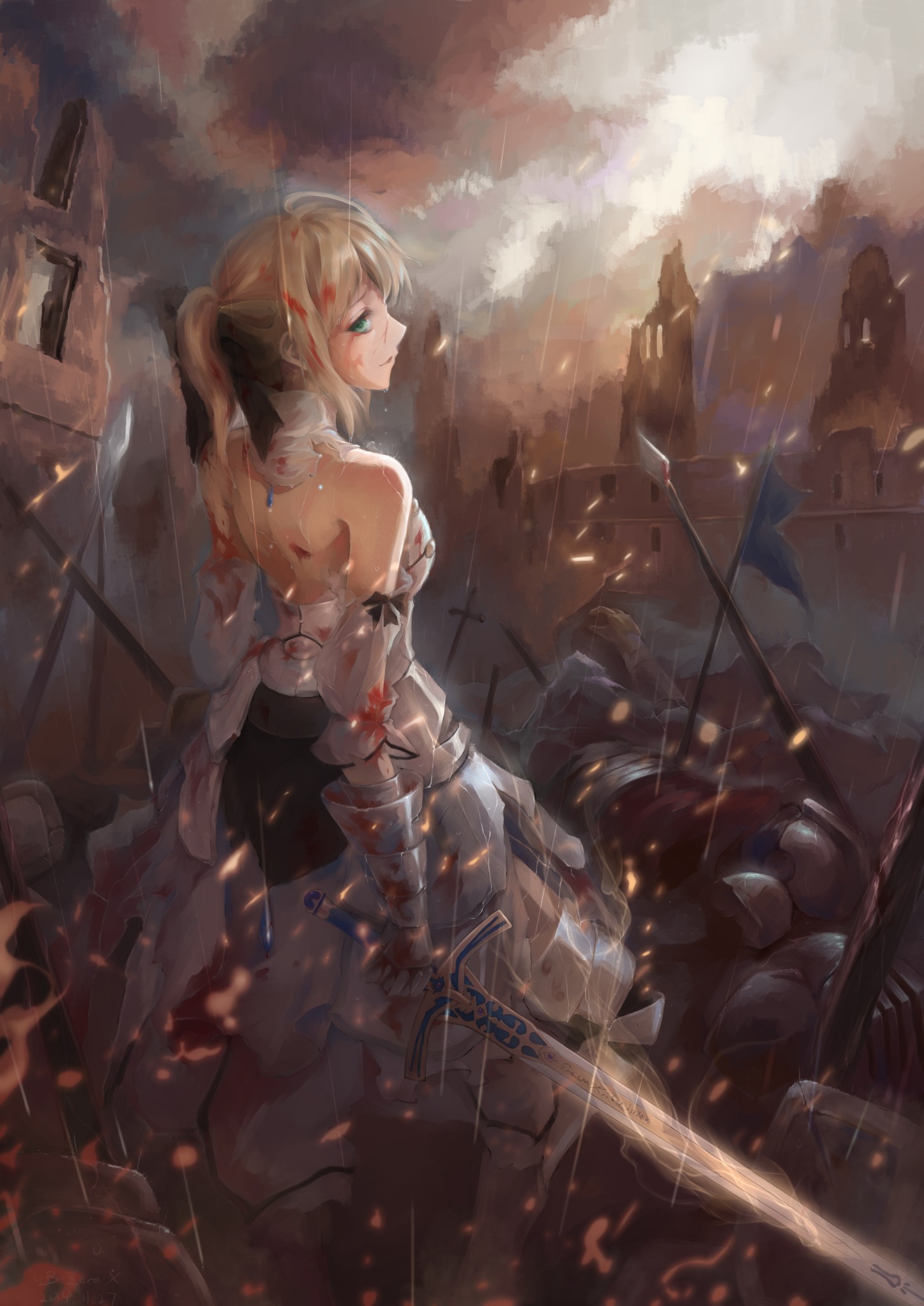 Anime 1447x2046 Fate/Stay Night Fate series Saber Saber Lily blonde green eyes women with swords weapon