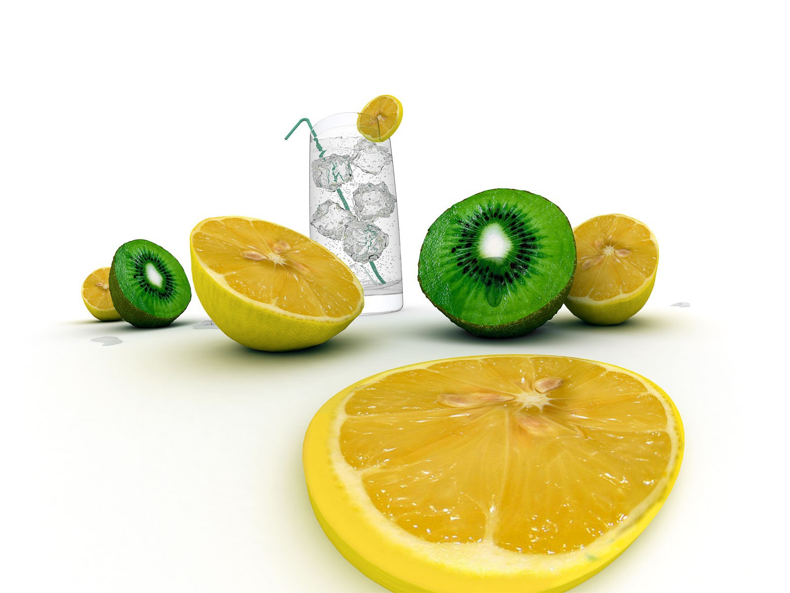 General 1600x1200 lemons fruit kiwi (fruit) glass ice digital art drinking glass white background simple background food