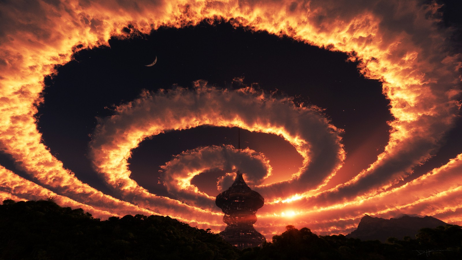 General 1600x900 sky landscape clouds spiral fantasy art digital art sunlight dark CGI