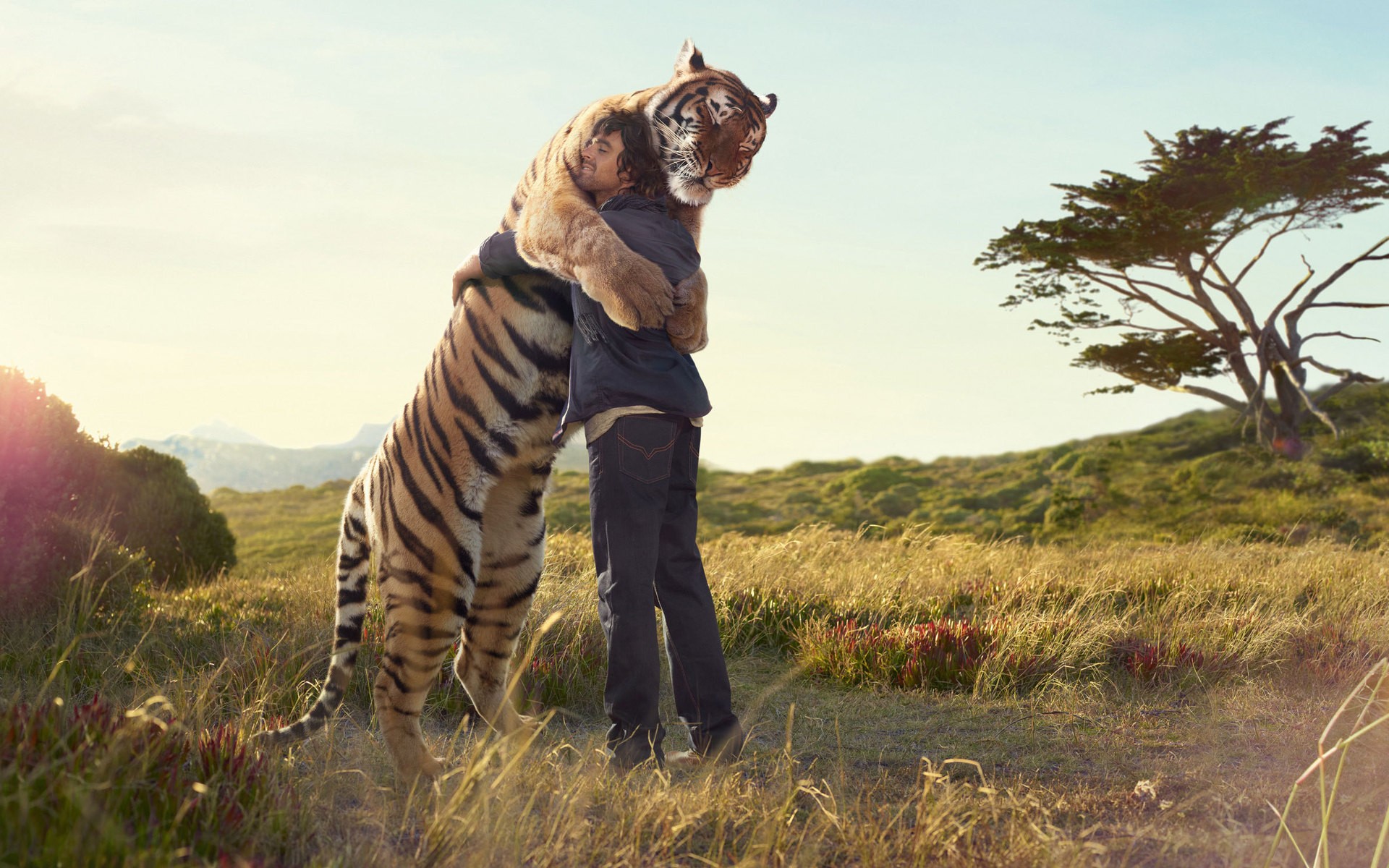 People 1920x1200 men tiger sunlight animals hugging nature