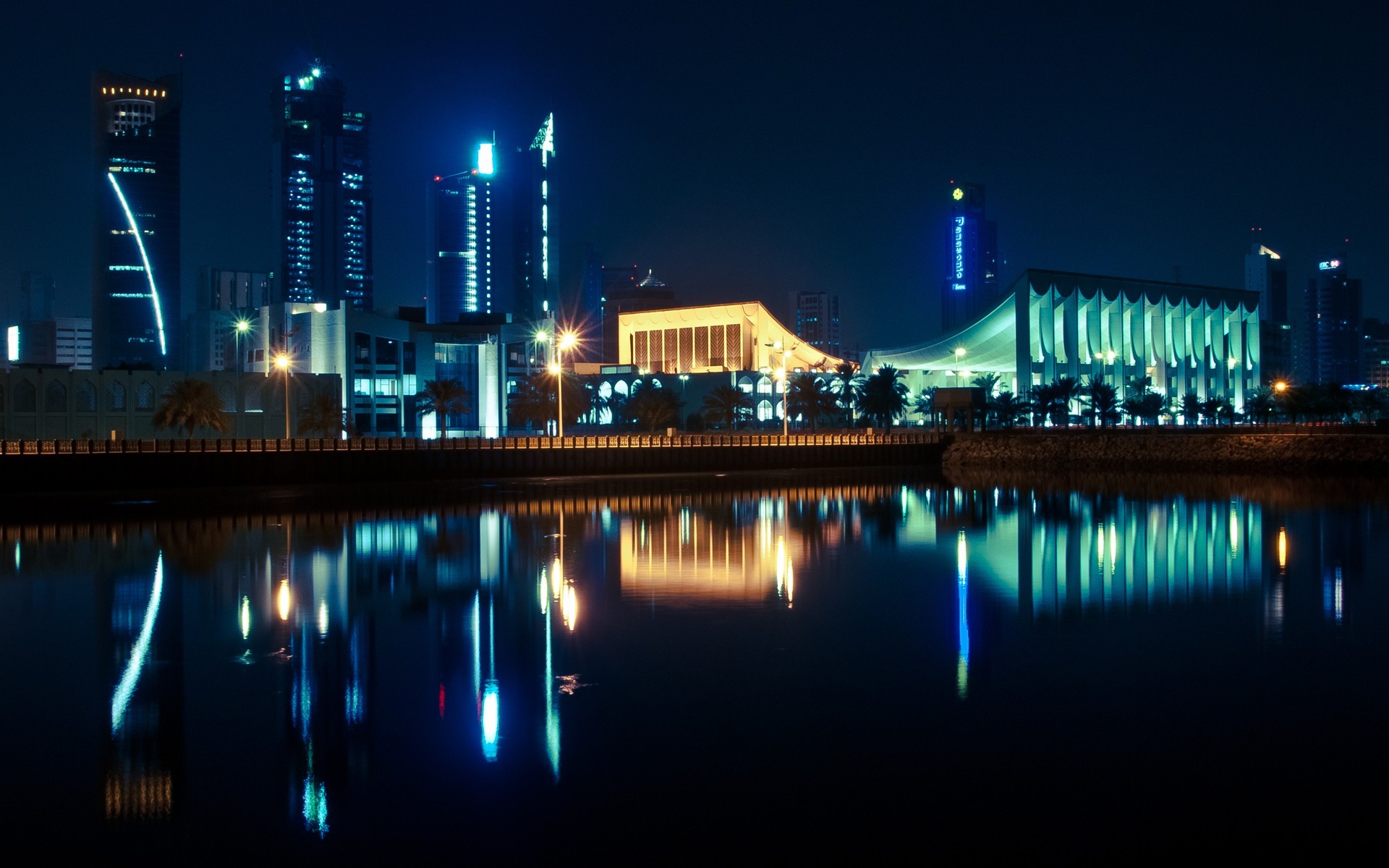 General 1920x1200 city cityscape Kuwait night water lights reflection blue Kuwait City