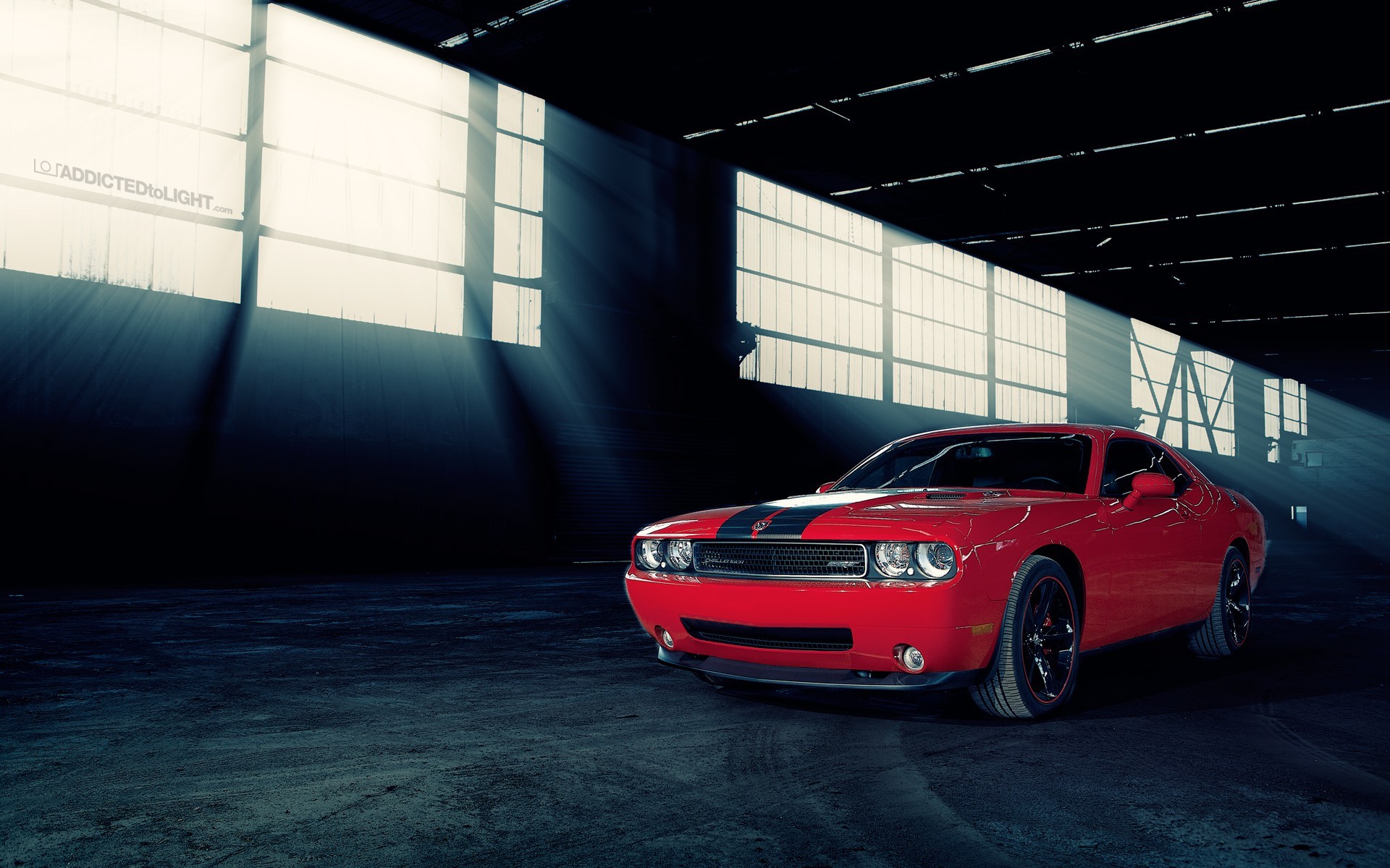 General 1920x1200 car red cars sunlight Dodge Dodge Challenger vehicle racing stripes American cars muscle cars