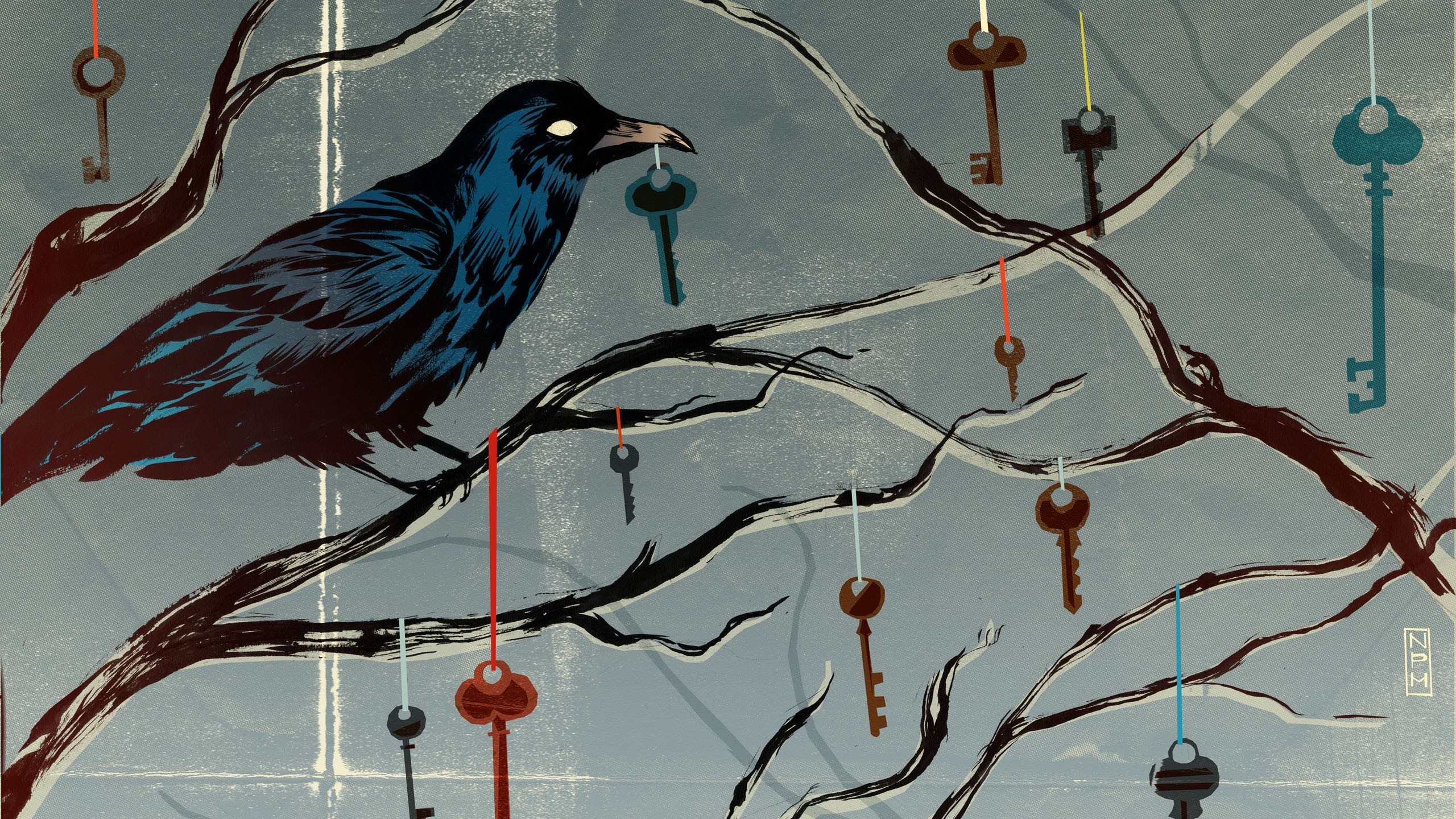 General 2560x1440 artwork crow keys trees spooky digital art animals drawing simple background birds raven branch ribbon