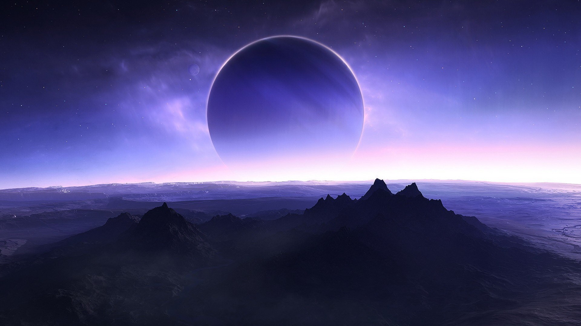 General 1920x1080 planet solar eclipse space art mountains digital art landscape stars violet sky