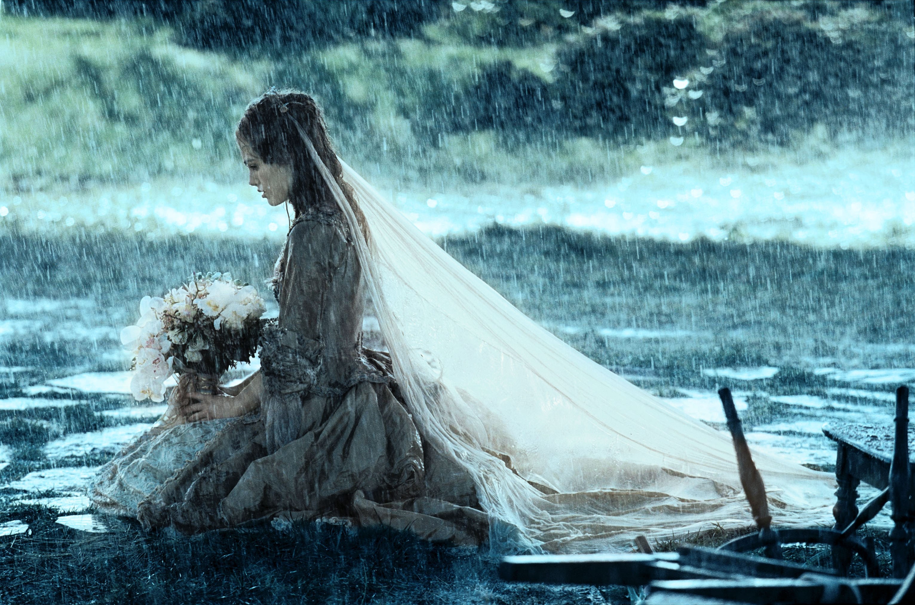 People 3064x2028 Keira Knightley rain actress brides women emotion cyan celebrity dress wet hair wet clothing kneeling flowers plants