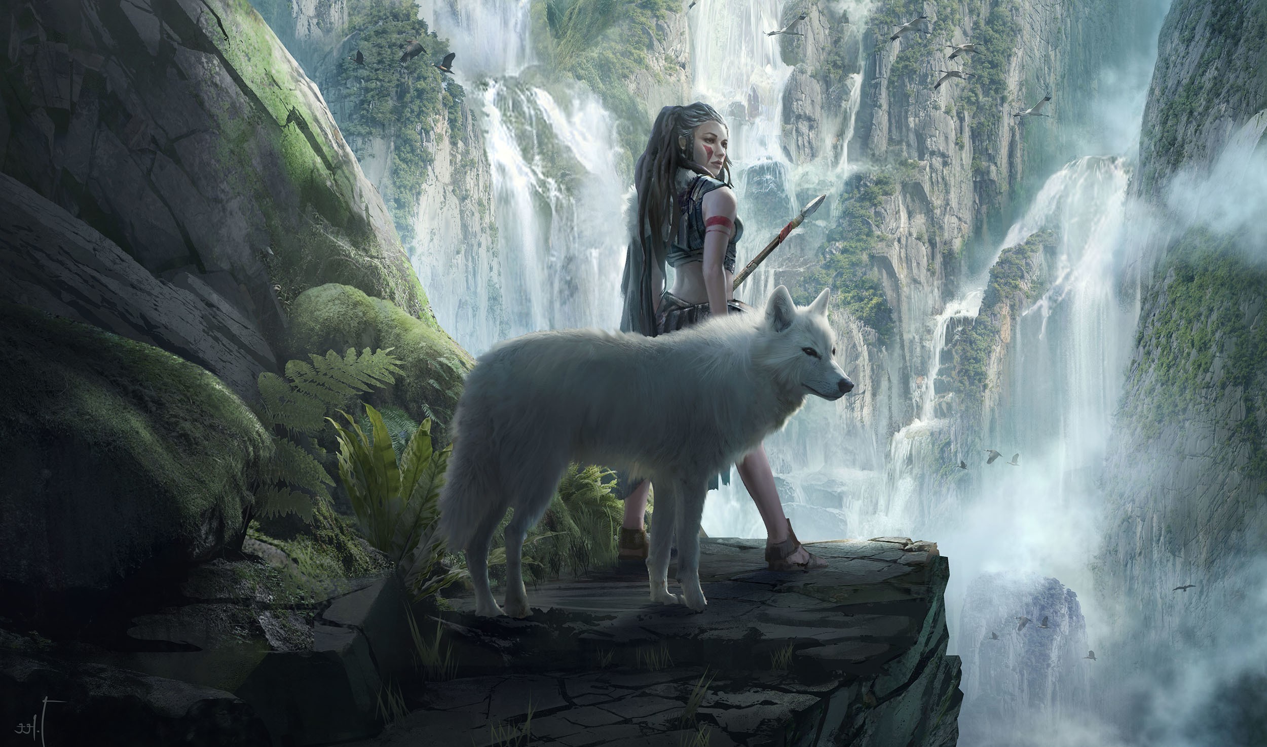 General 2500x1475 fantasy art artwork fantasy girl wolf waterfall animals landscape
