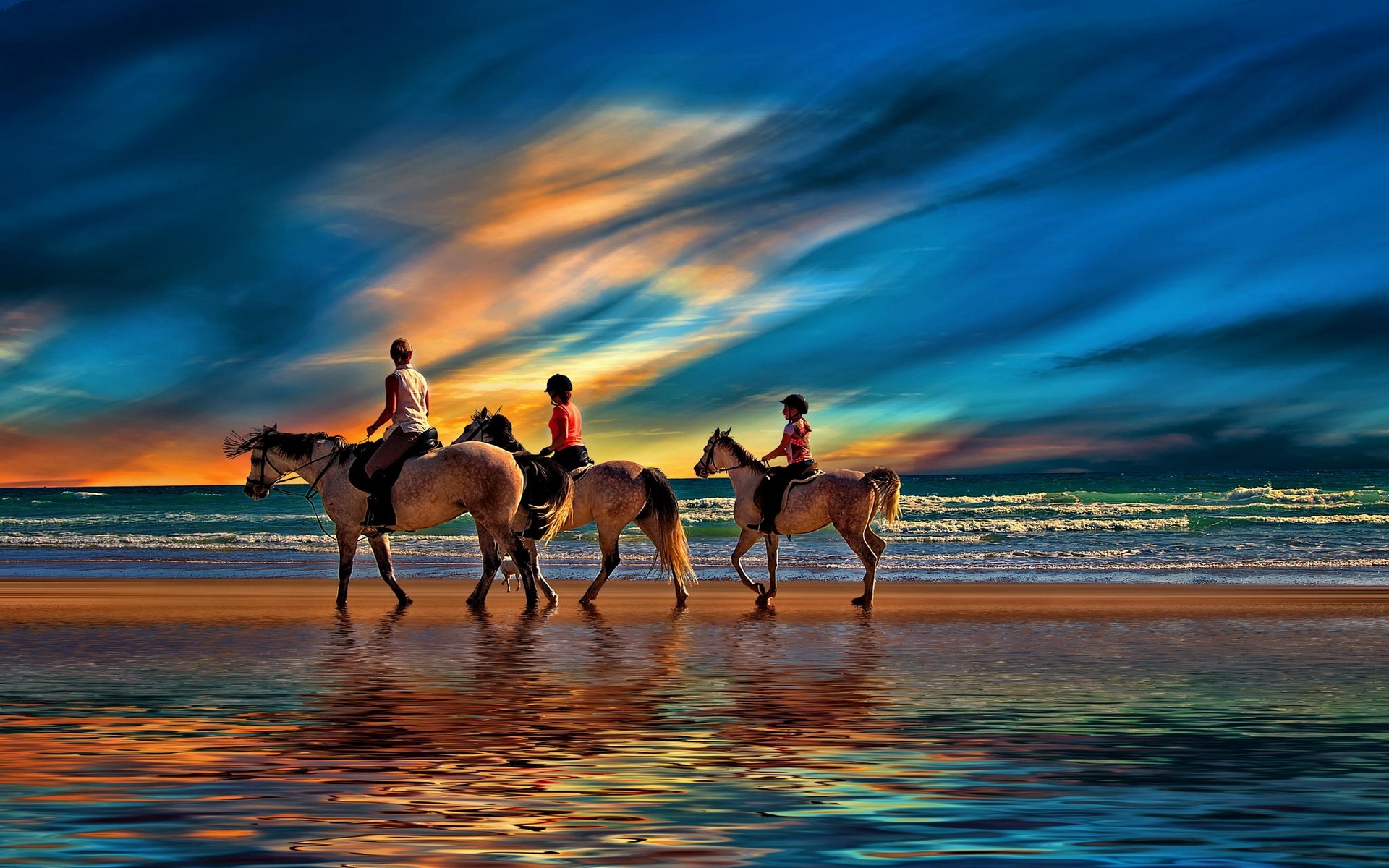 General 1920x1200 nature landscape beach sunset sea clouds family horse sand water animals mammals sky