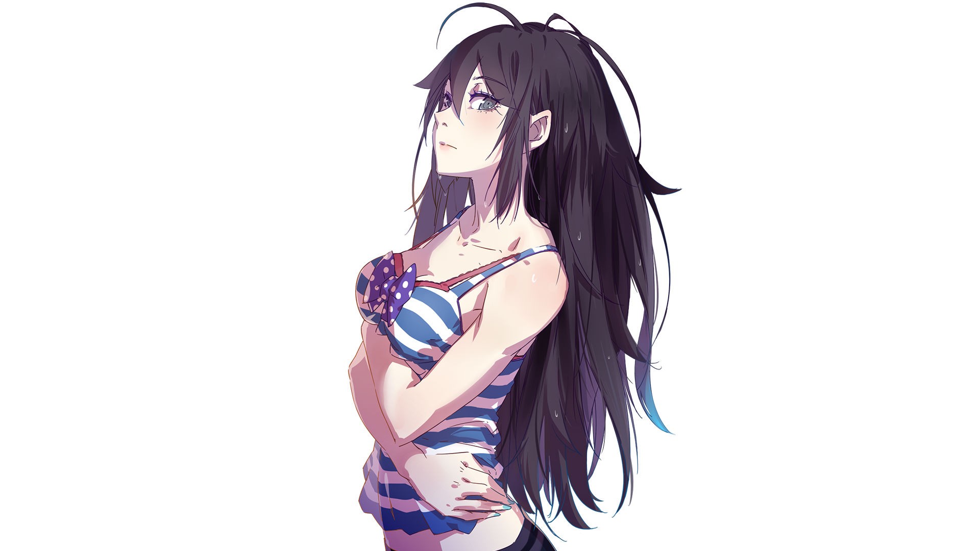 Anime 1920x1080 Raiden Mei brunette long hair simple background looking at viewer bare shoulders blue eyes anime girls nails bangs sweat Guns GirlZ anime striped clothing blue nails painted nails