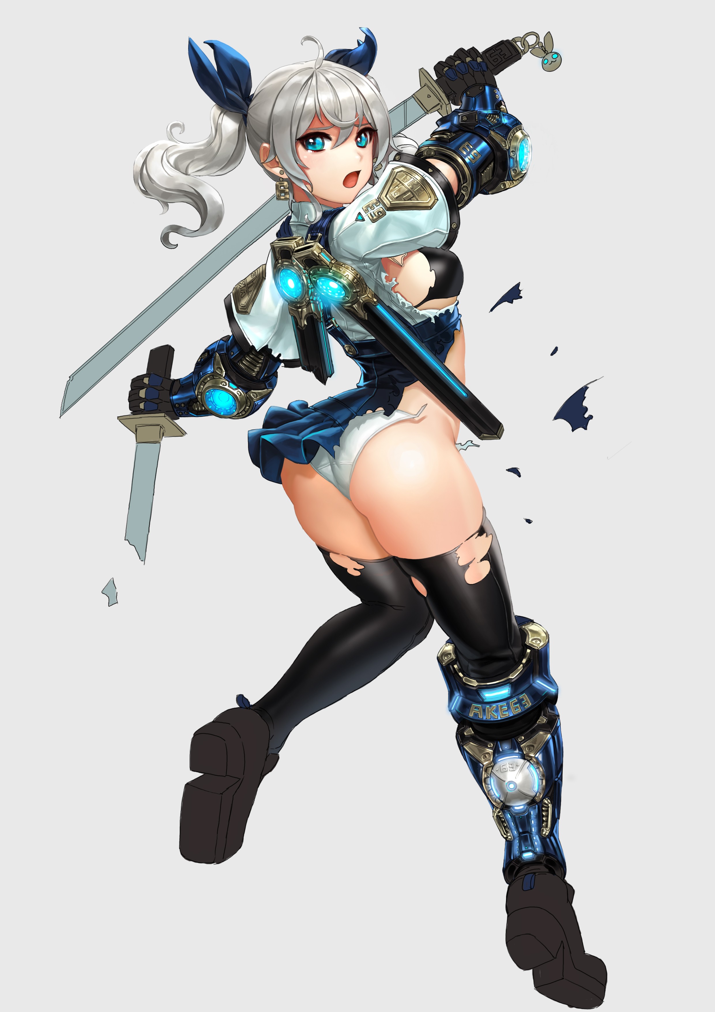 Anime 2480x3508 anime girls simple background panties torn clothes miniskirt legs long hair mecha girls original characters silver hair blue eyes sword weapon Daeho Cha ass torn stockings stockings women with swords white background