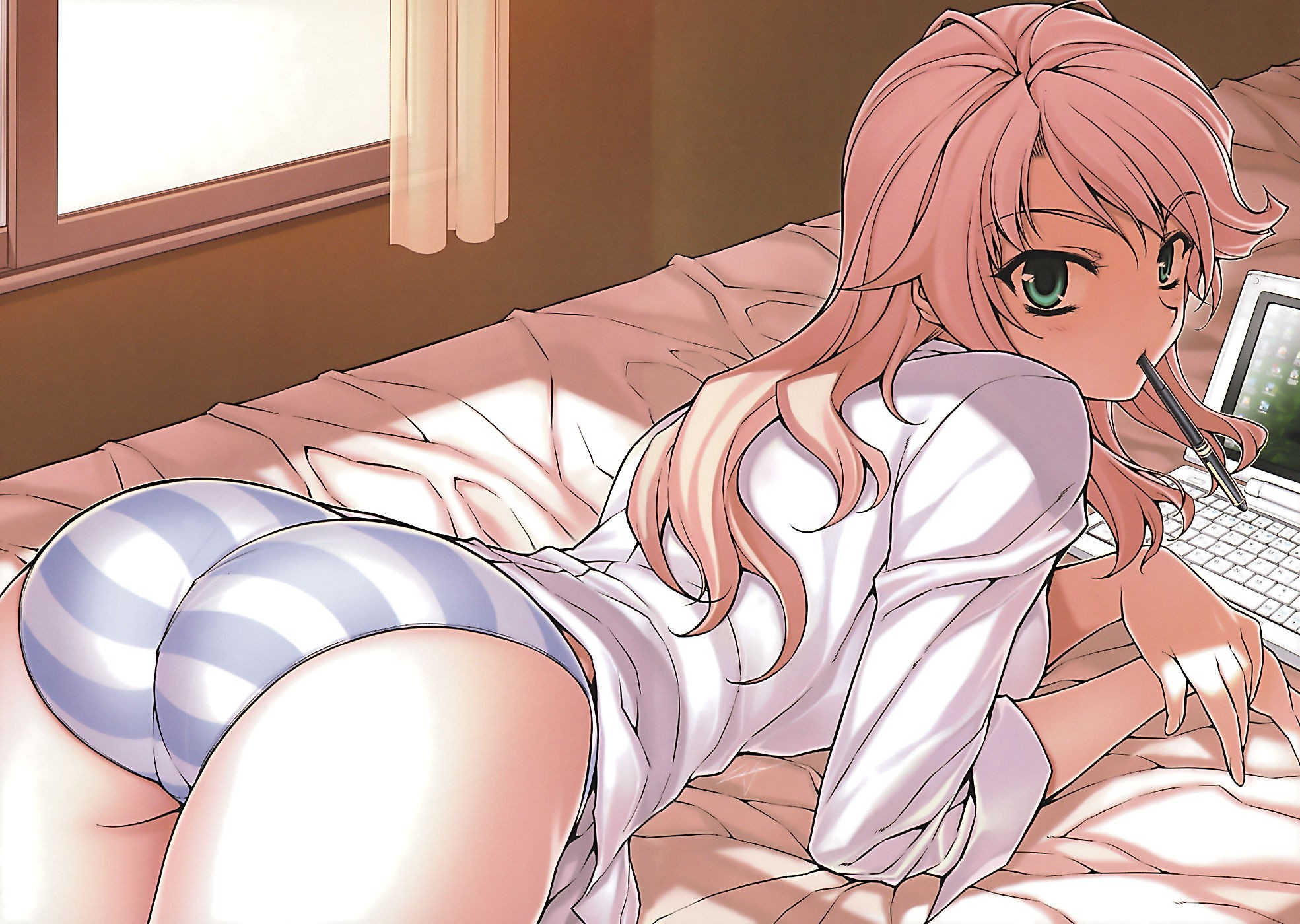 Anime 1969x1400 anime girls anime panties lying on front lying down long hair indoors women indoors looking at viewer ass looking back laptop blonde computer in bed striped panties curtains sunlight bent over green eyes bed Kim Kwang-Hyun