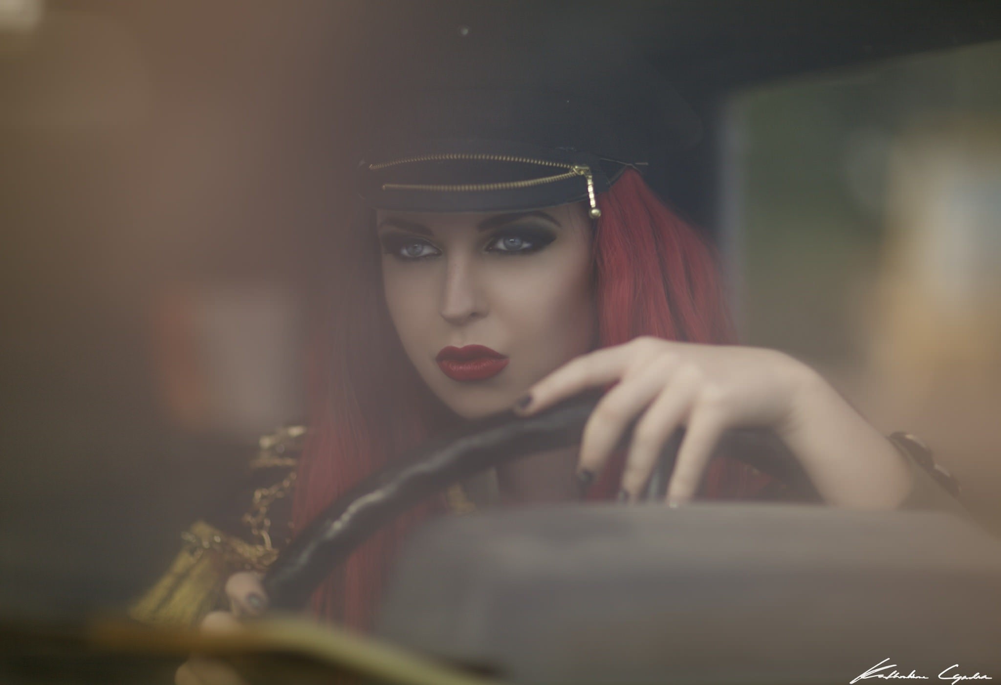 People 2048x1402 women model face portrait redhead car dyed hair women with cars black nails makeup hat women with hats red lipstick Katherline Lyndia