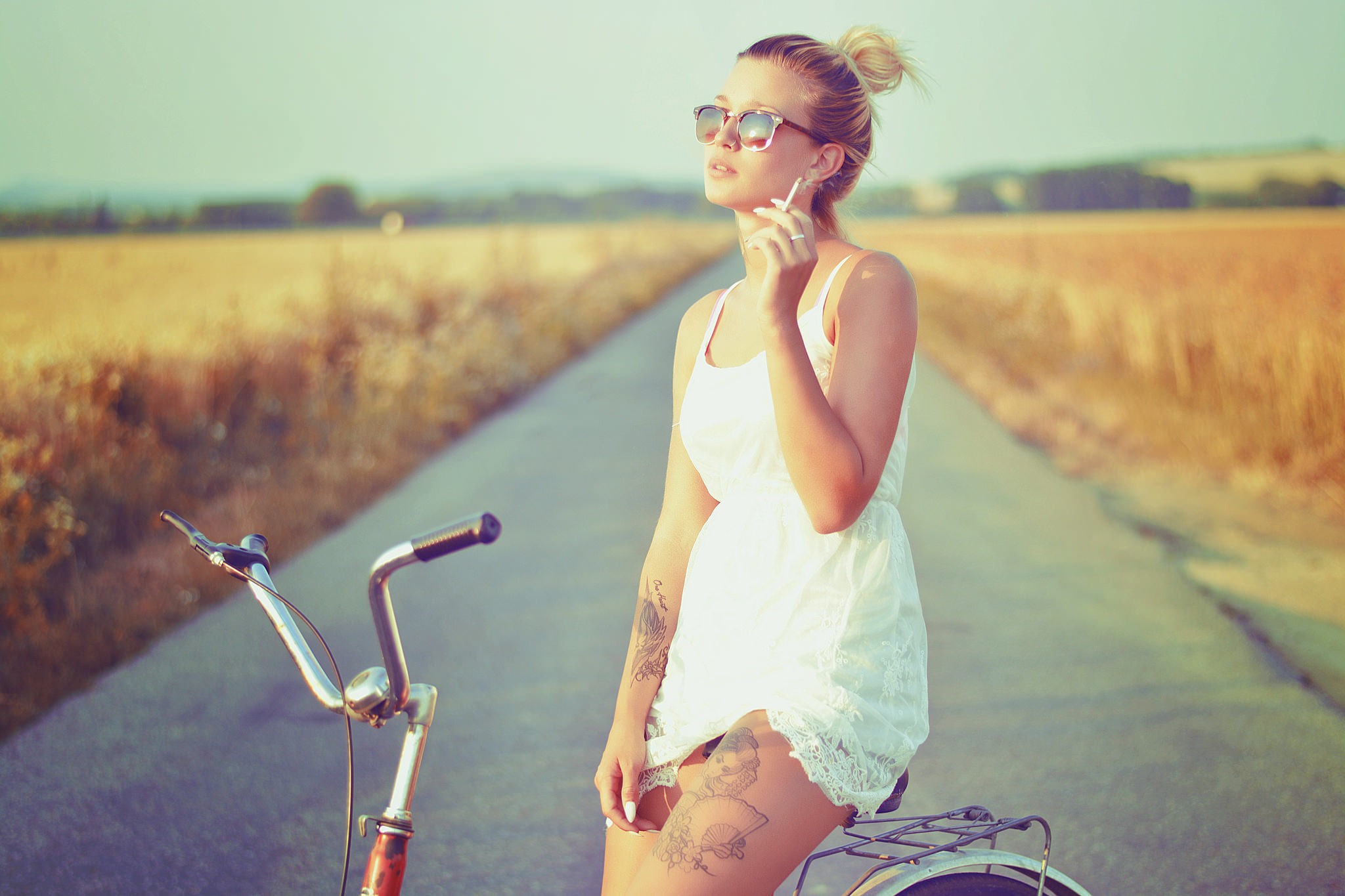 People 2048x1365 women model tattoo road women with glasses smoking inked girls cigarettes women with shades sunglasses women with bicycles