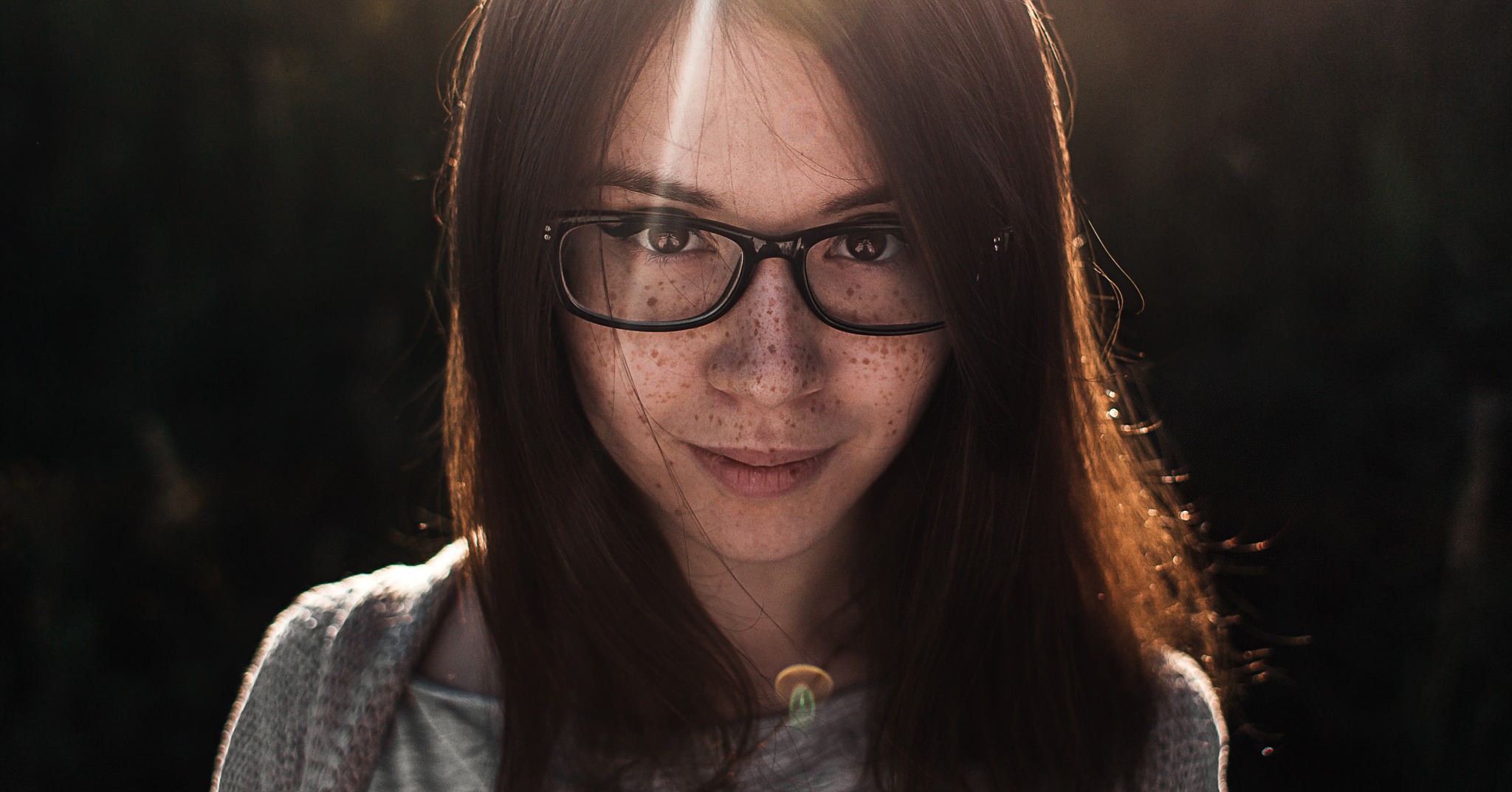 People 2048x1073 women freckles face portrait women with glasses nerds long hair brunette women outdoors closeup looking at viewer model