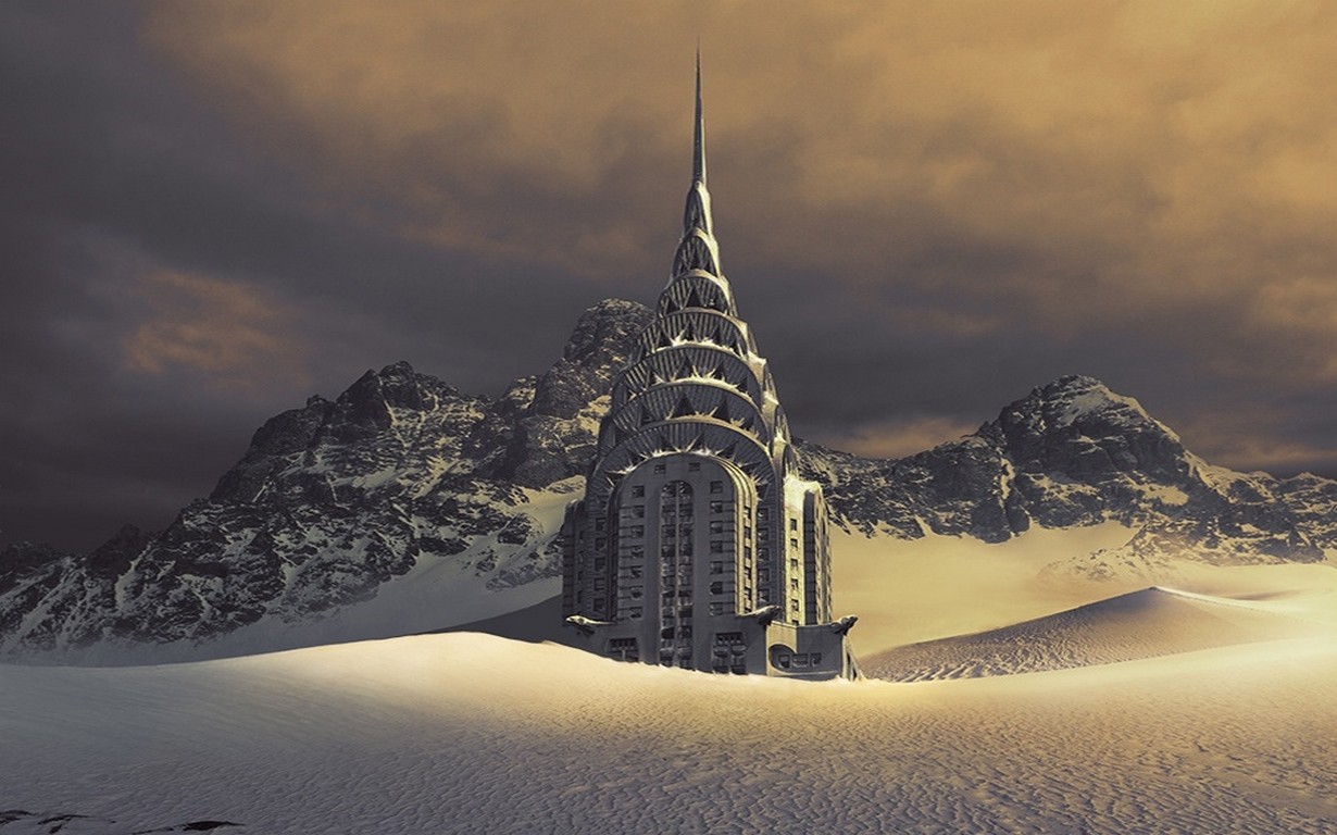 General 1230x768 Chrysler Building mountains snow morning clouds disaster apocalyptic photo manipulation nature landscape beige USA