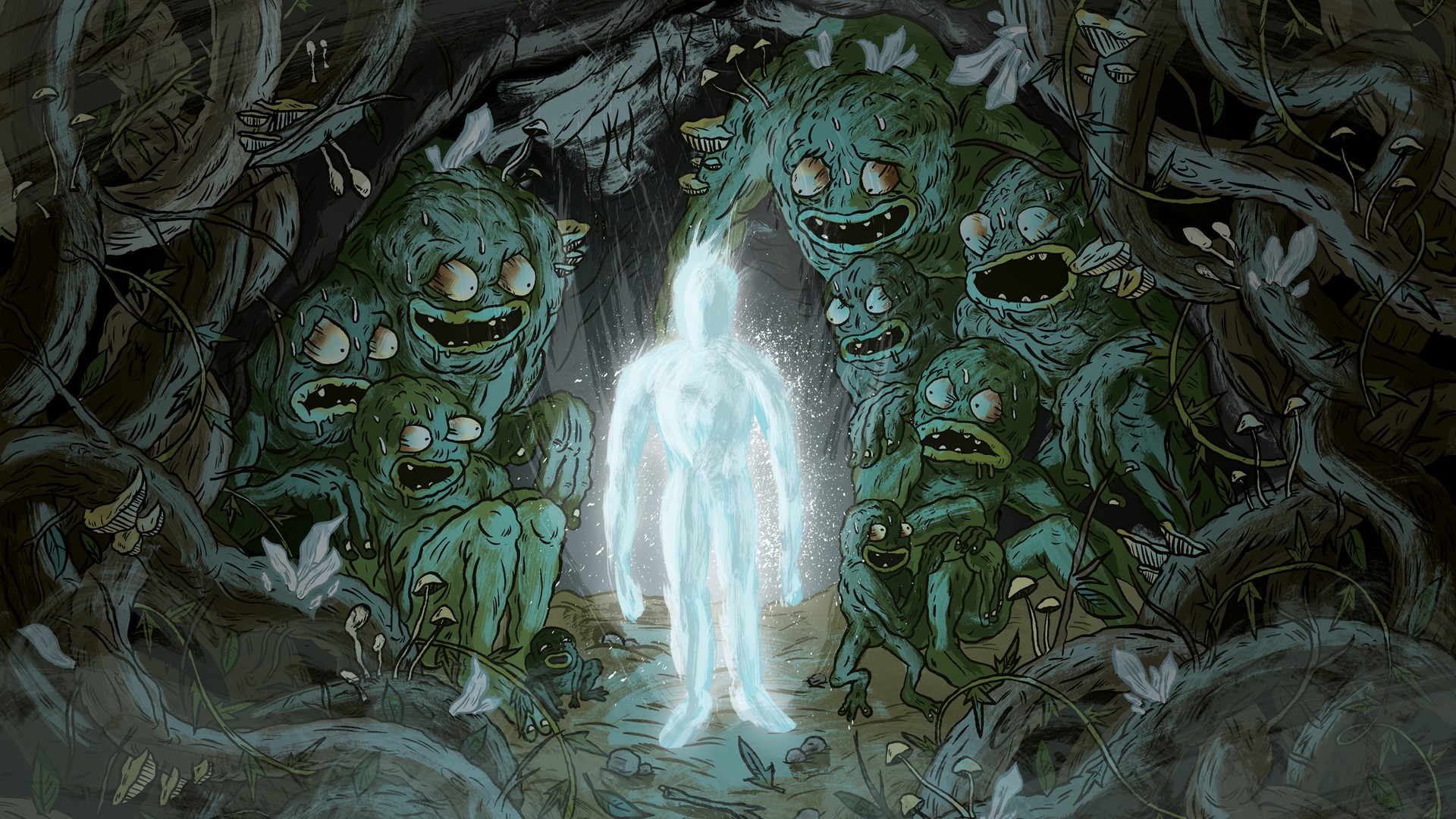 General 1920x1080 digital art fantasy art creature men ghost drawing mushroom open mouth branch trees glowing