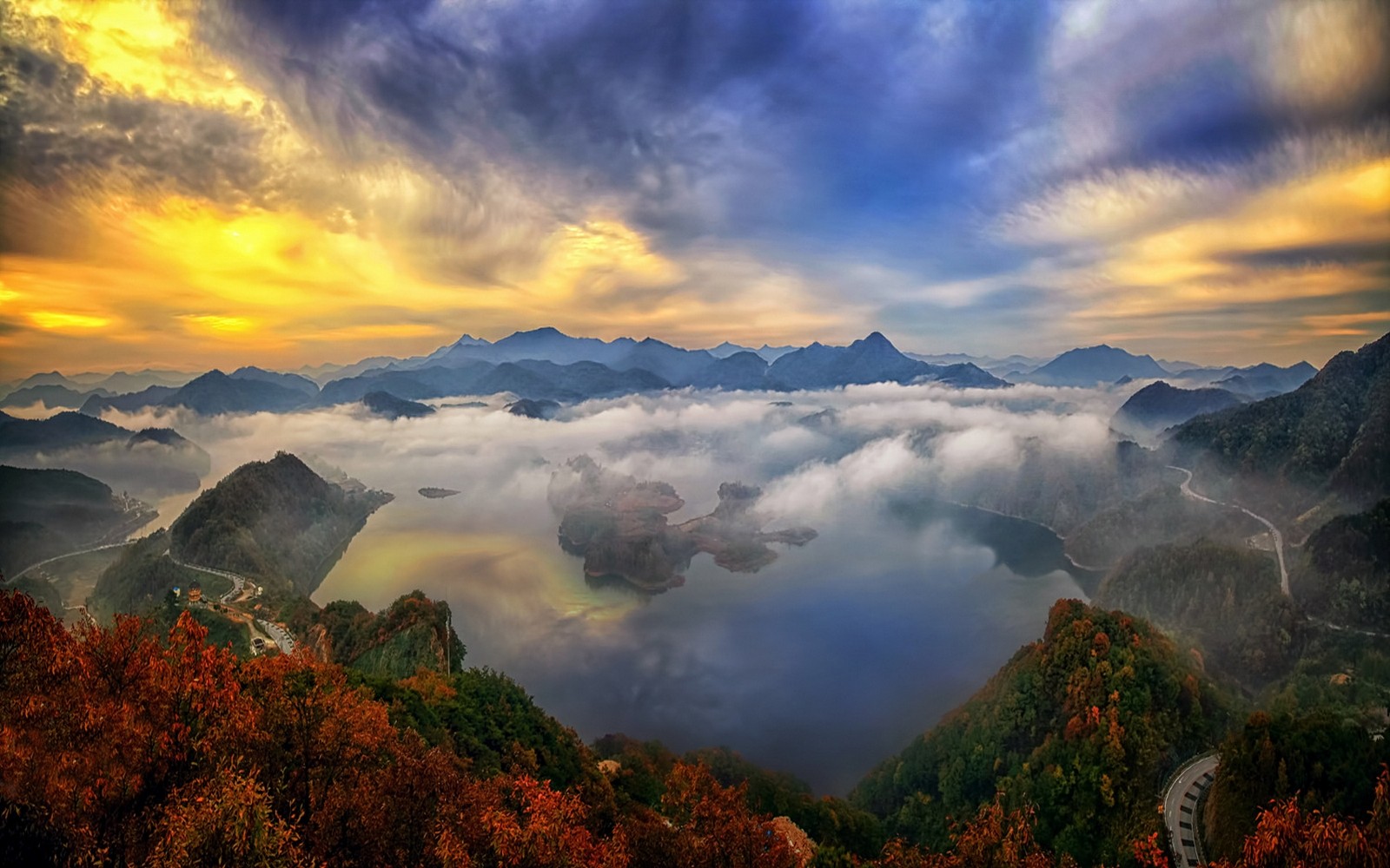 General 1600x1000 nature landscape mountains lake forest sky clouds mist road fall water morning South Korea Asia