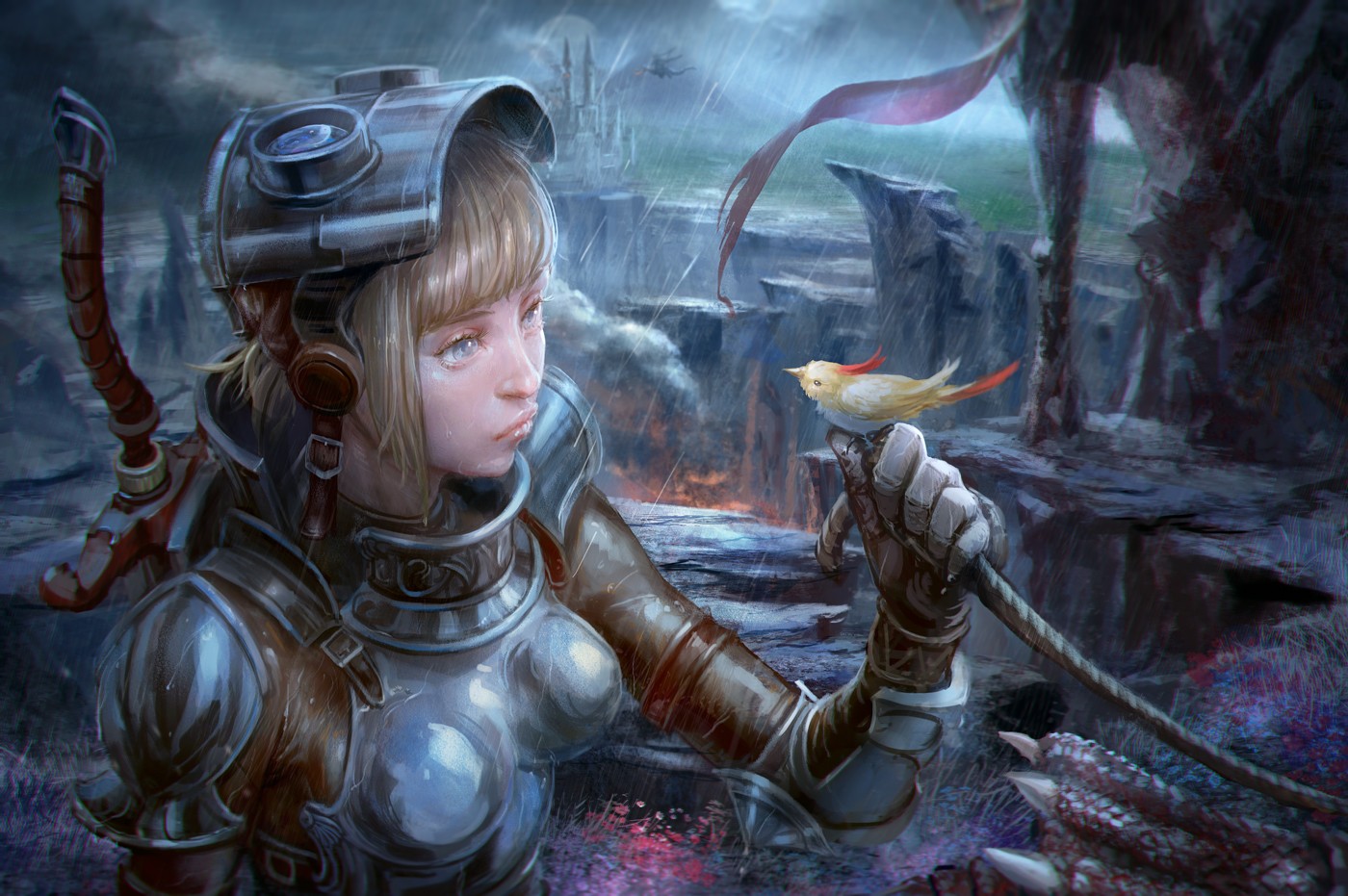 General 1400x931 fantasy art armor fantasy girl animals rain birds blonde
