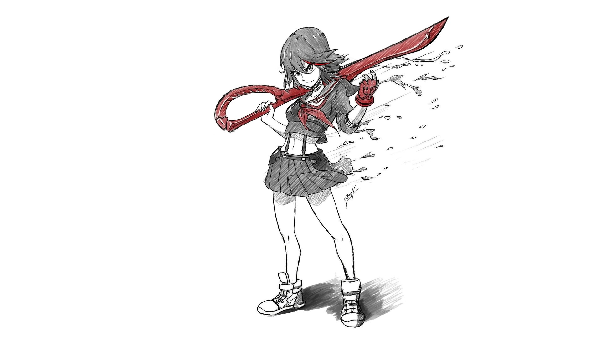 Anime 1920x1080 Kill la Kill anime girls drawing Matoi Ryuuko selective coloring white background simple background miniskirt belly bare midriff sword weapon women with swords angry face standing anime