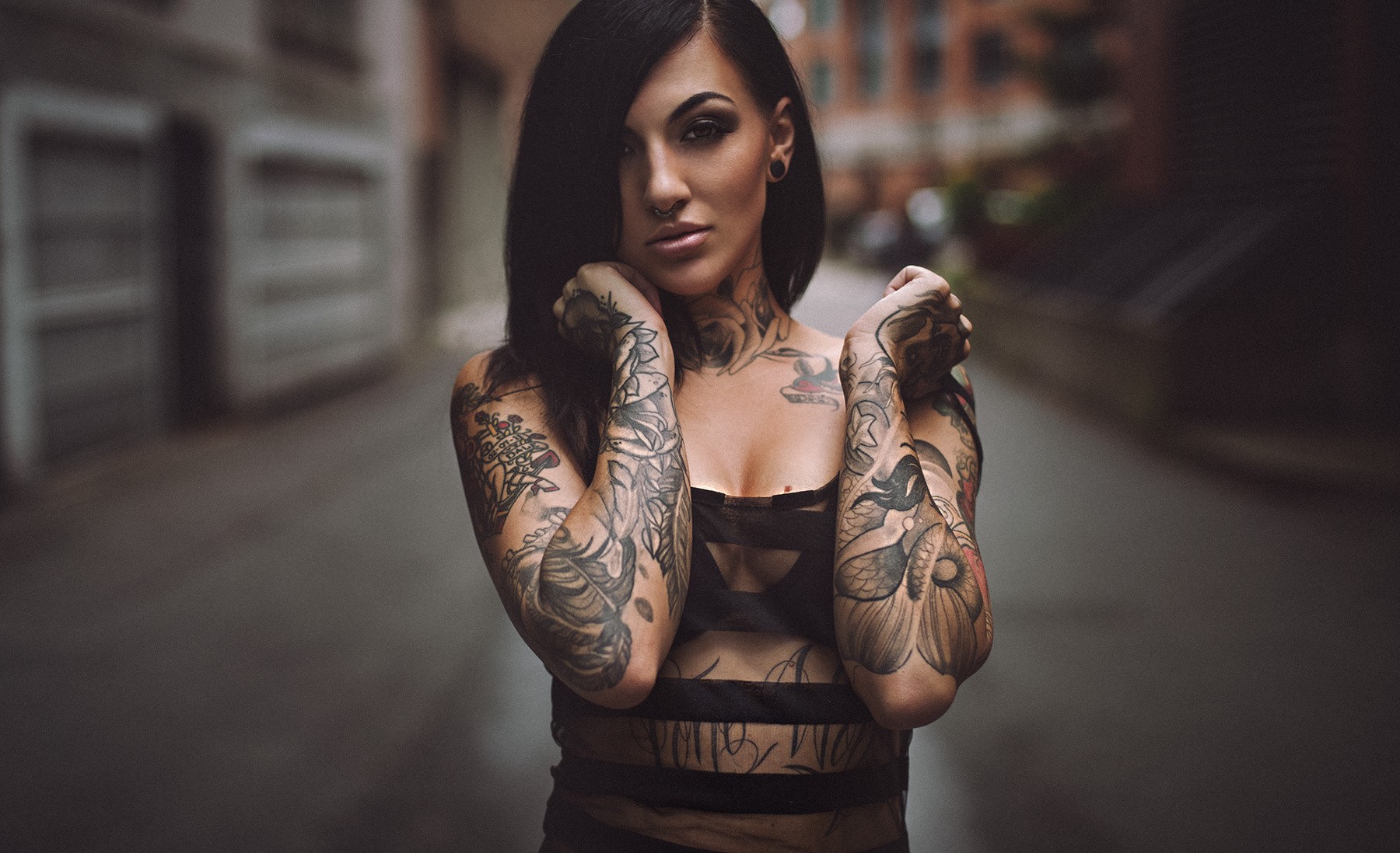 People 1800x1098 women face portrait tattoo outdoors inked girls boobs dark hair urban nose ring smoky eyes women outdoors looking at viewer standing