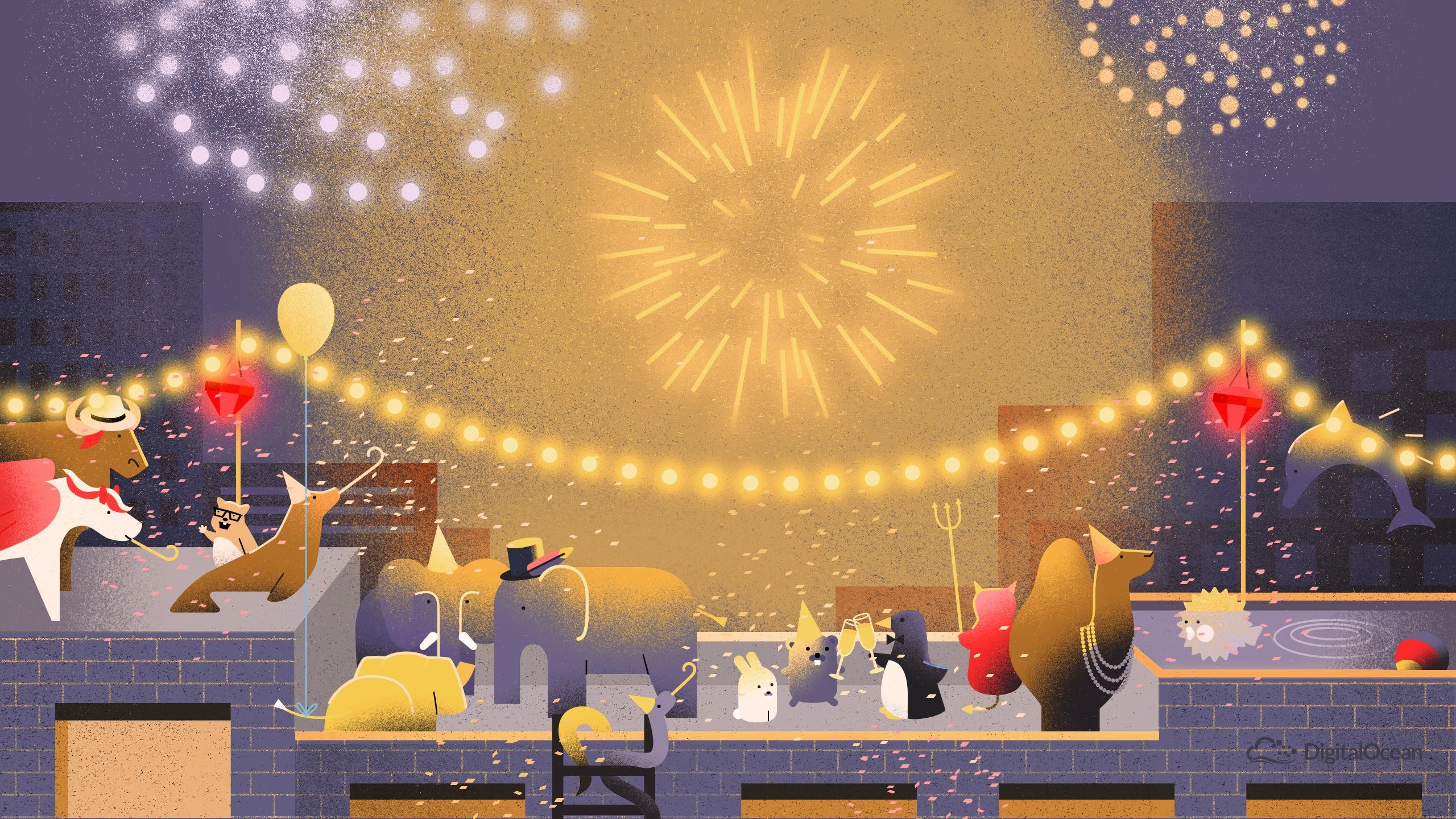 General 2560x1440 digitalocean New Year artwork mascot logo Linux animals fireworks