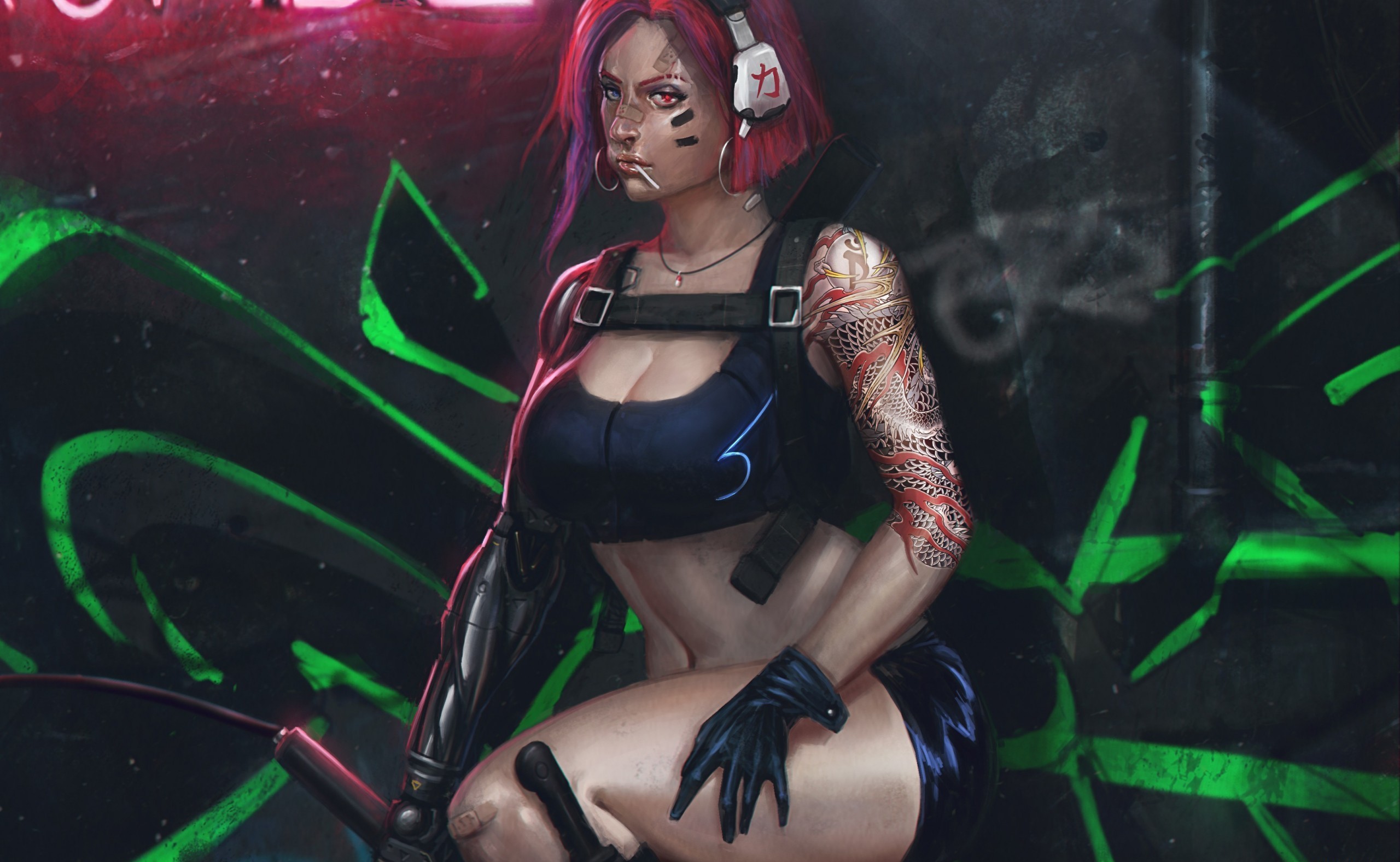 General 2560x1577 futuristic artwork women big boobs redhead boobs tattoo headphones Salvador Trakal cyberpunk