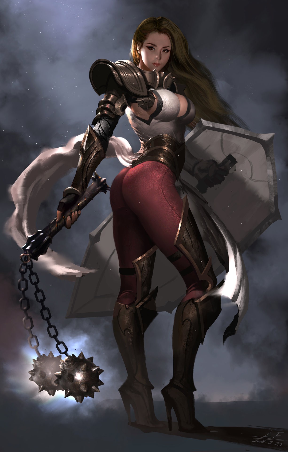 General 1226x1920 Diablo III flail shield weapon women ass standing video games PC gaming brunette long hair looking at viewer fantasy art fantasy girl 2015 (Year)