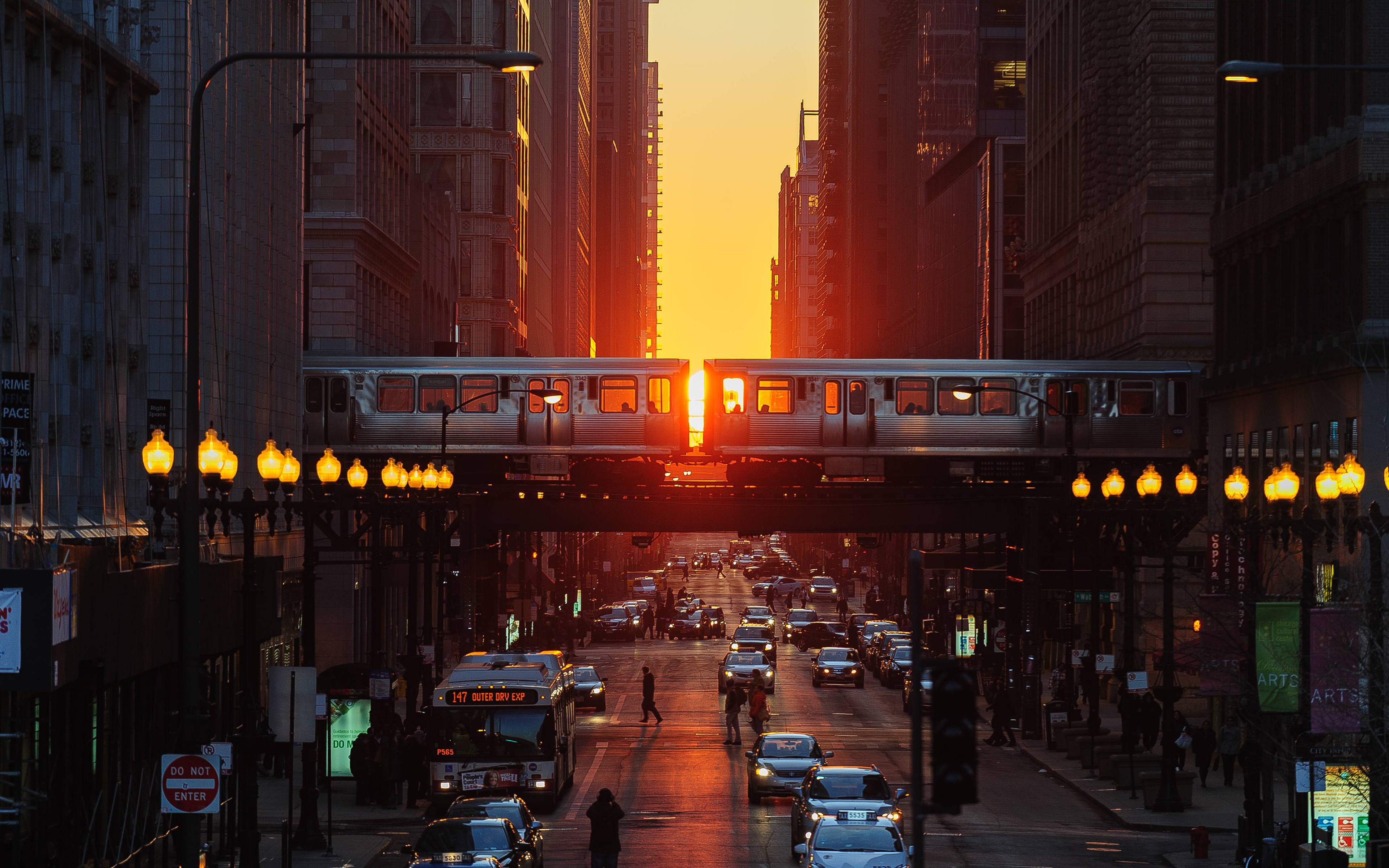 General 3840x2400 Chicago Illinois city sunset street subway car USA