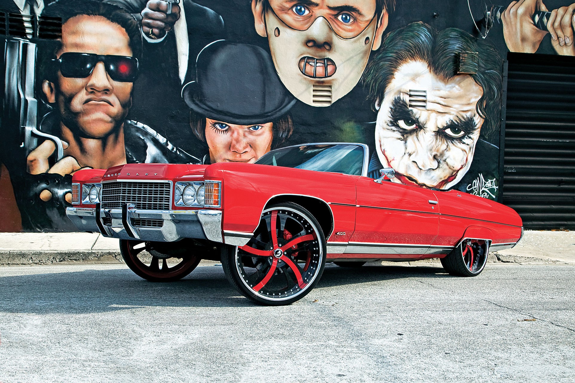 General 1924x1280 car graffiti pimp Chevrolet red cars Terminator Hannibal Lecter Joker A Clockwork Orange vehicle movie characters American cars