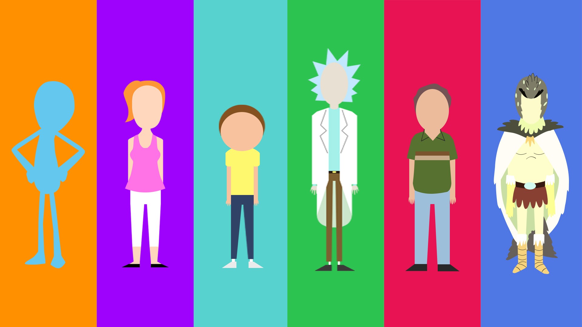 General 1920x1080 Rick and Morty minimalism cartoon Rick Sanchez Morty Smith Bird Person Jerry Smith Summer Smith Mr. Meeseeks collage colorful panels TV series