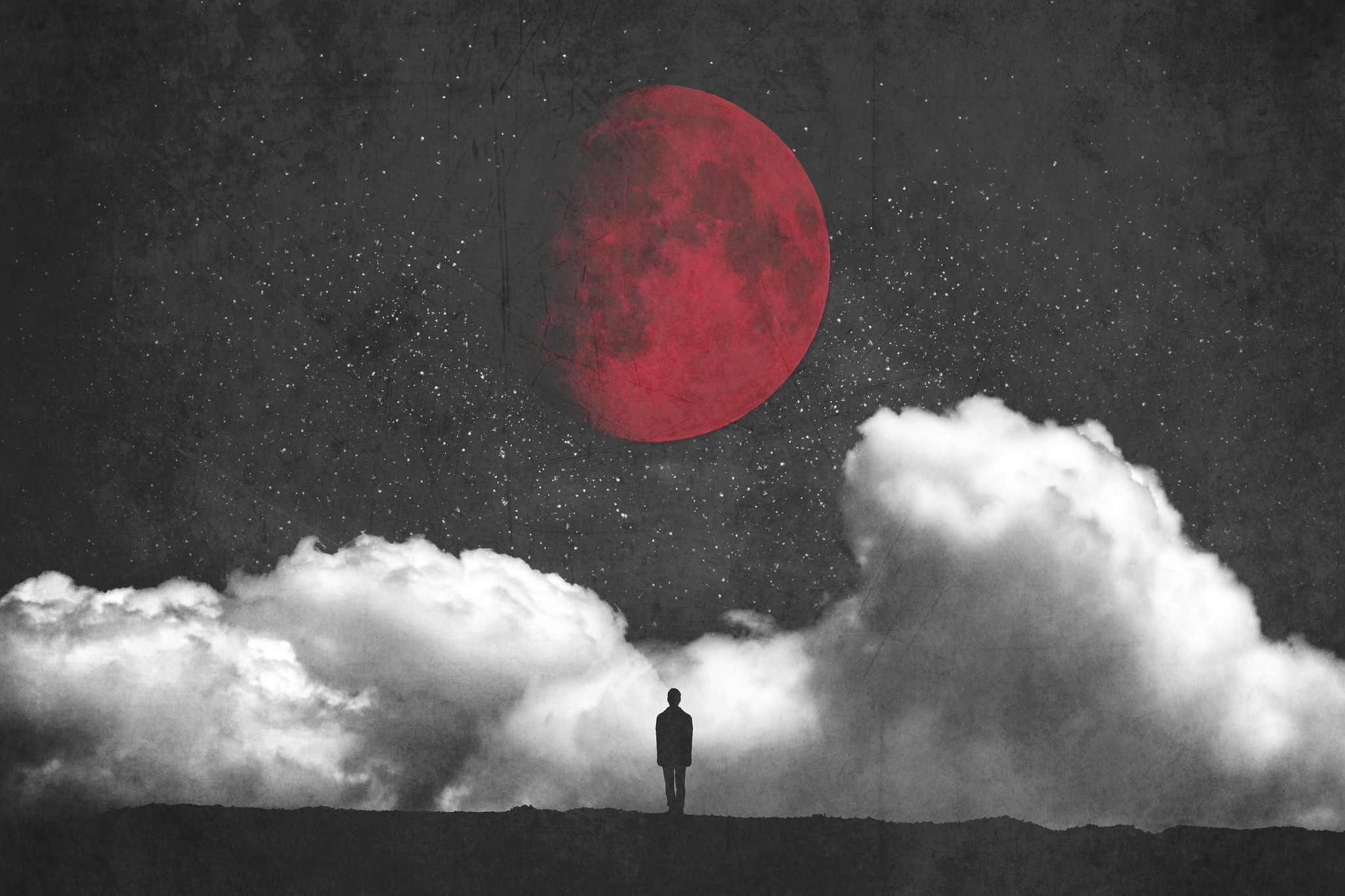General 2048x1365 fantasy art red moon Moon clouds minimalism silhouette digital art men men outdoors standing sky selective coloring