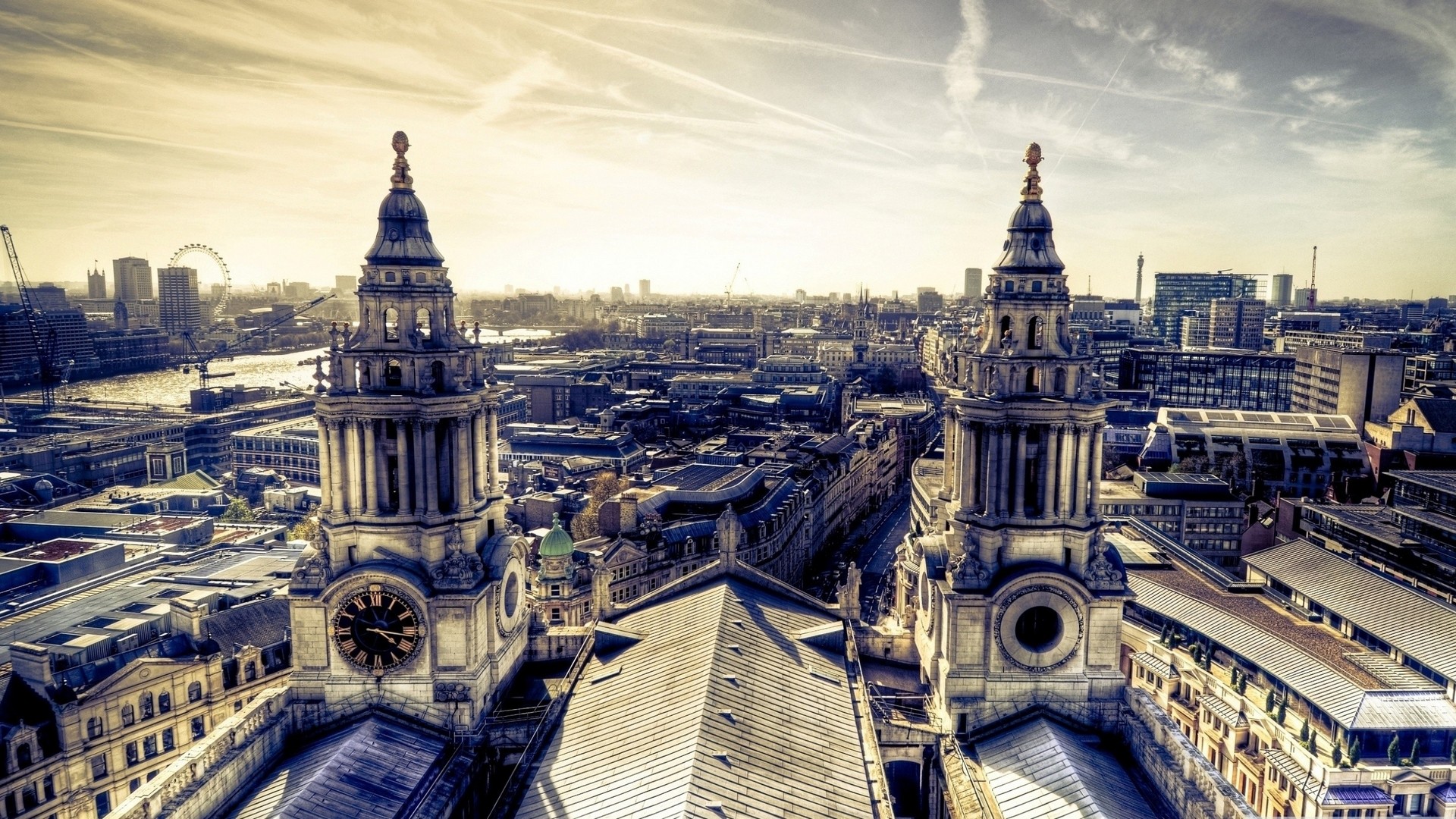 General 1920x1080 cathedral rooftops London St. Paul's Cathedral city cityscape old building sepia UK England