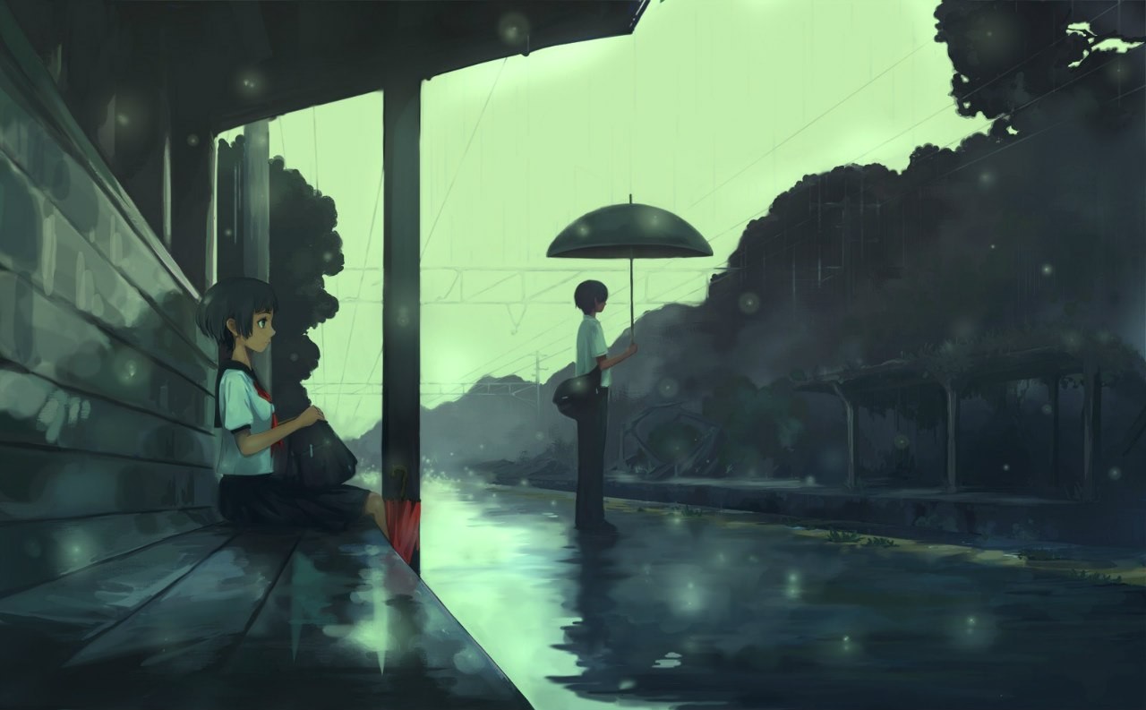 Anime 1280x793 manga anime girls anime rain umbrella anime boys Men with Umbrella dark hair train station sitting
