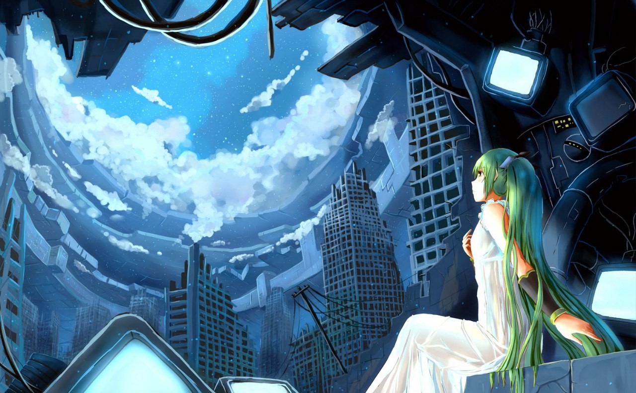 General 1280x791 manga anime girls anime sky green hair green clouds ruins science fiction sitting city long hair looking up Vocaloid Hatsune Miku