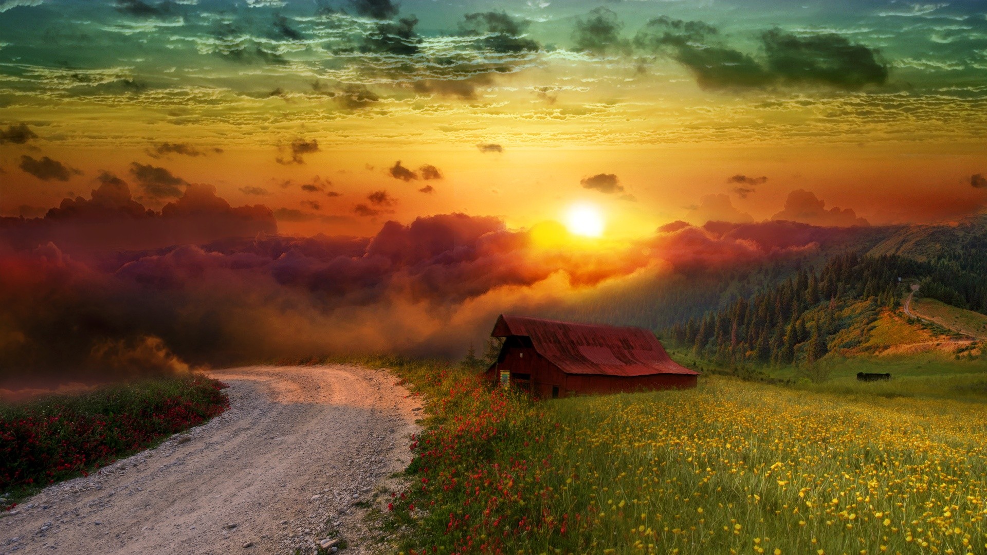 General 1920x1080 sunset cottage purple sky clouds skyscape mountains Sun sunlight landscape dirt road road outdoors nature