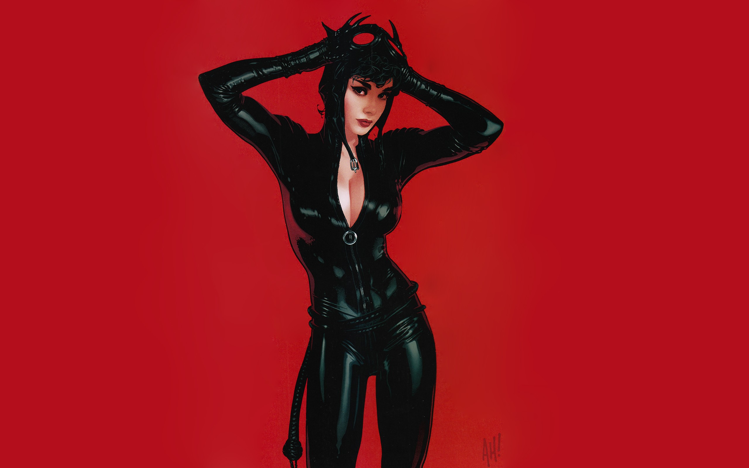 General 2560x1600 Catwoman red background comics DC Comics Adam Hughes superhero boobs cleavage simple background women latex standing looking at viewer arms up cat girl