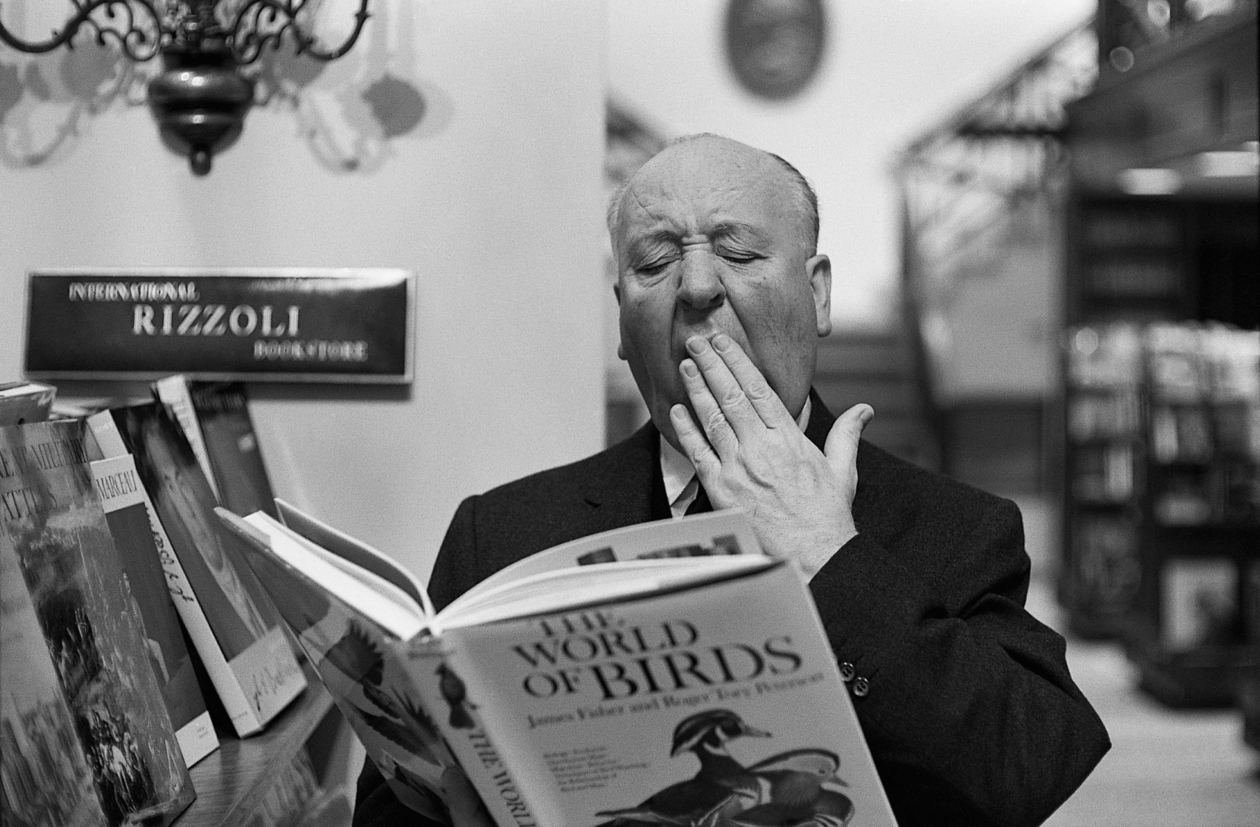 People 4048x2657 men Film directors Alfred Hitchcock monochrome yawning books suits birds reading bookstore humor celebrity deceased