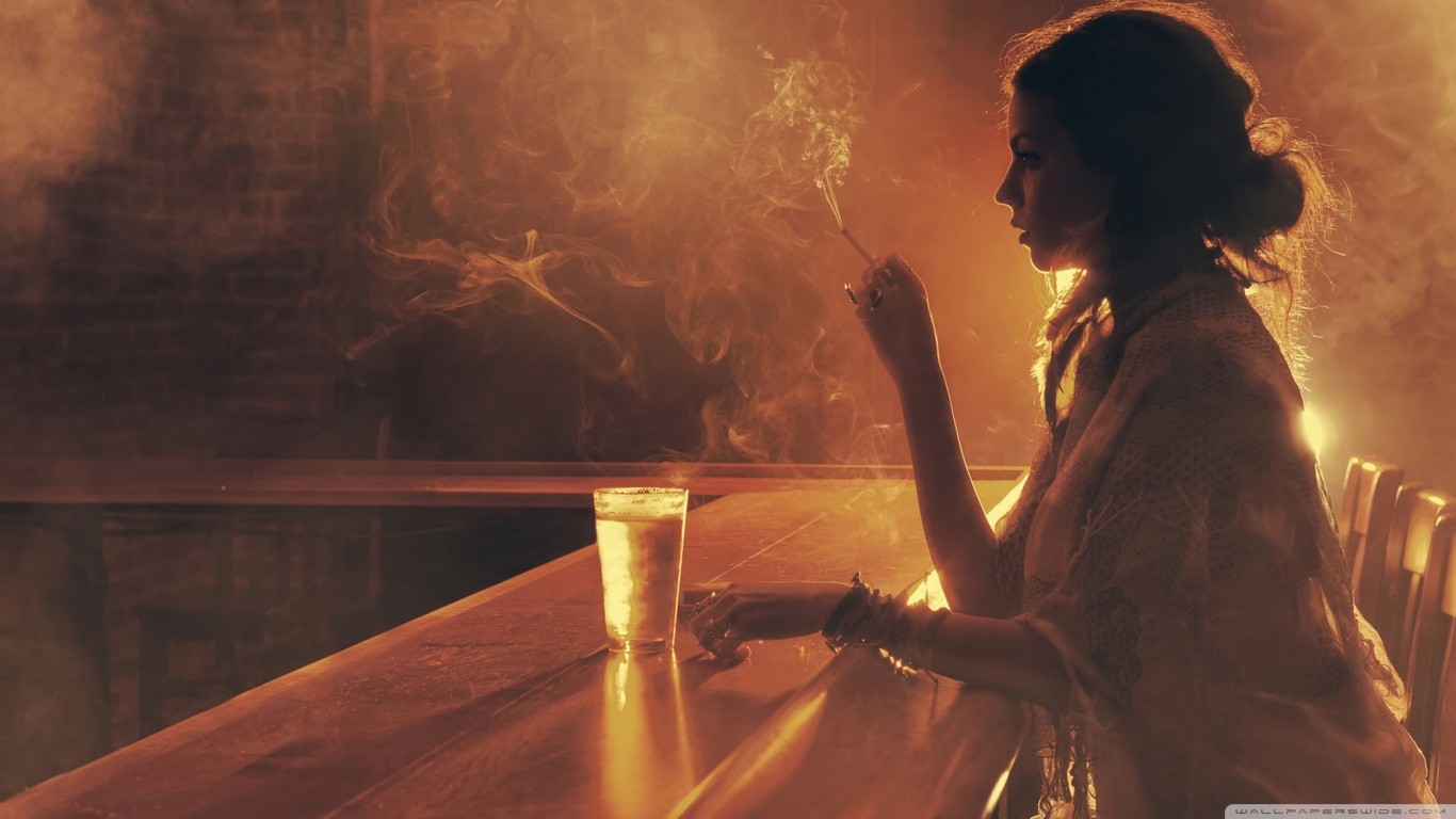 People 1366x768 women smoking brunette bar backlighting cigarettes drinking glass women indoors model indoors face profile drink bracelets smoke