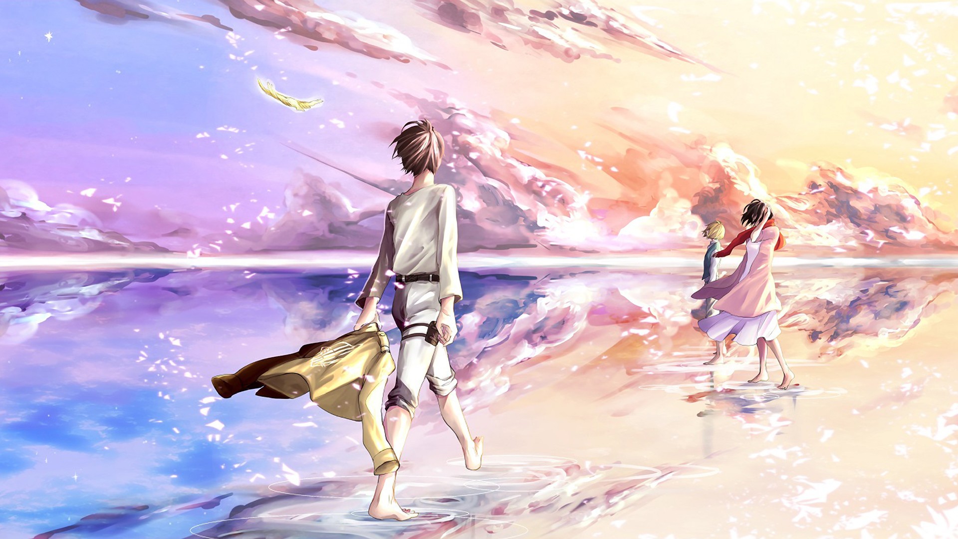 Anime 1920x1080 Mikasa Ackerman Eren Jeager Armin Arlert anime sky clouds anime boys anime girls outdoors artwork