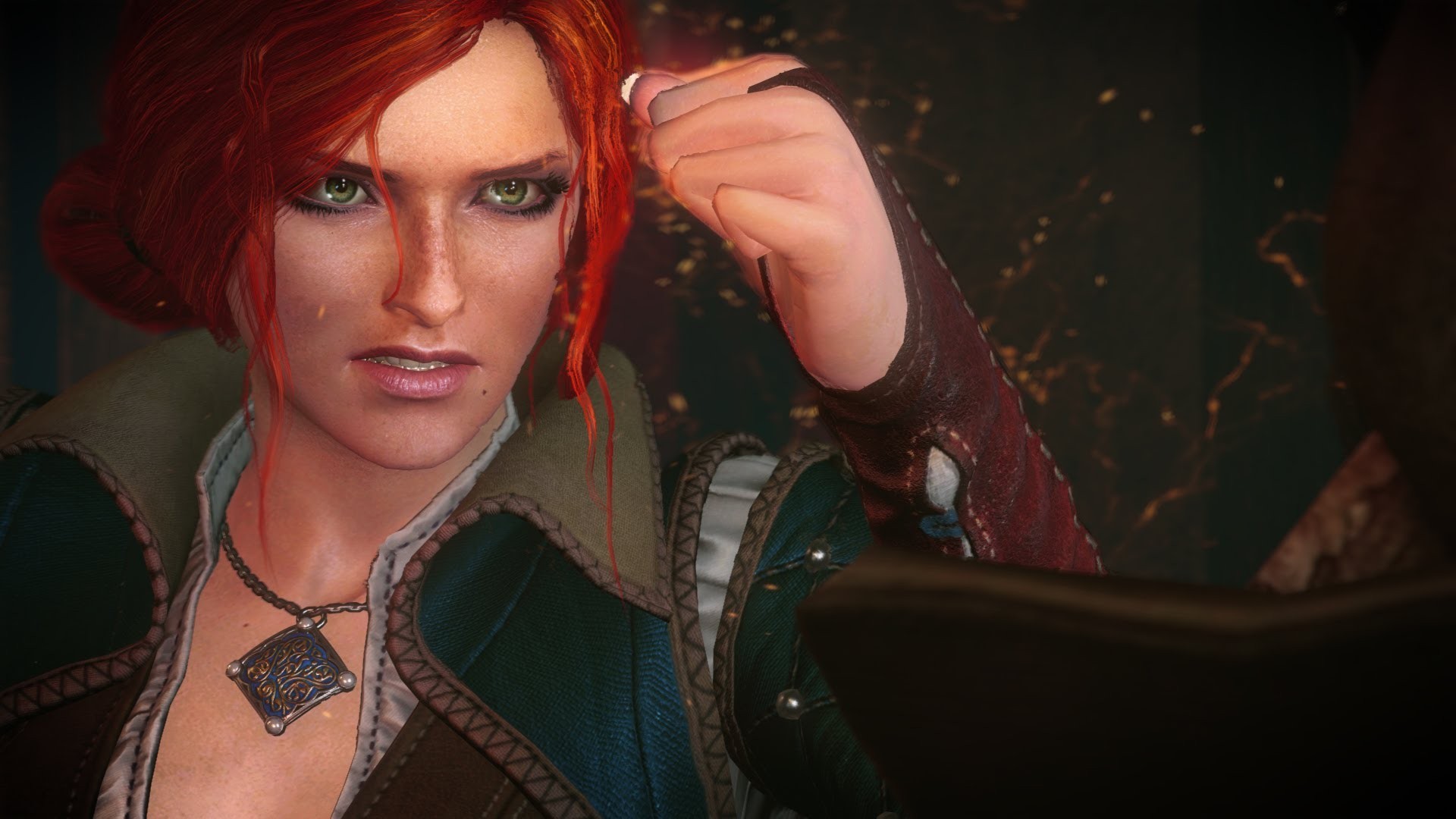 General 1920x1080 The Witcher 3: Wild Hunt Triss Merigold green eyes video games PC gaming redhead women fantasy art fantasy girl necklace video game girls screen shot